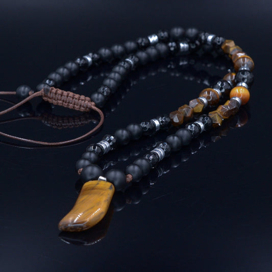 Tiger's Eye Pendant Necklace for Men - Long Crystal Necklace - Men's Black Onyx Necklace & Hematite - Gift for Men - Beaded Necklace - Shamballa Necklace - Birthstone Necklace - Gemstone Necklace Men - Chakra Necklace - Macrame Necklace  - Healing Necklace - Valinde