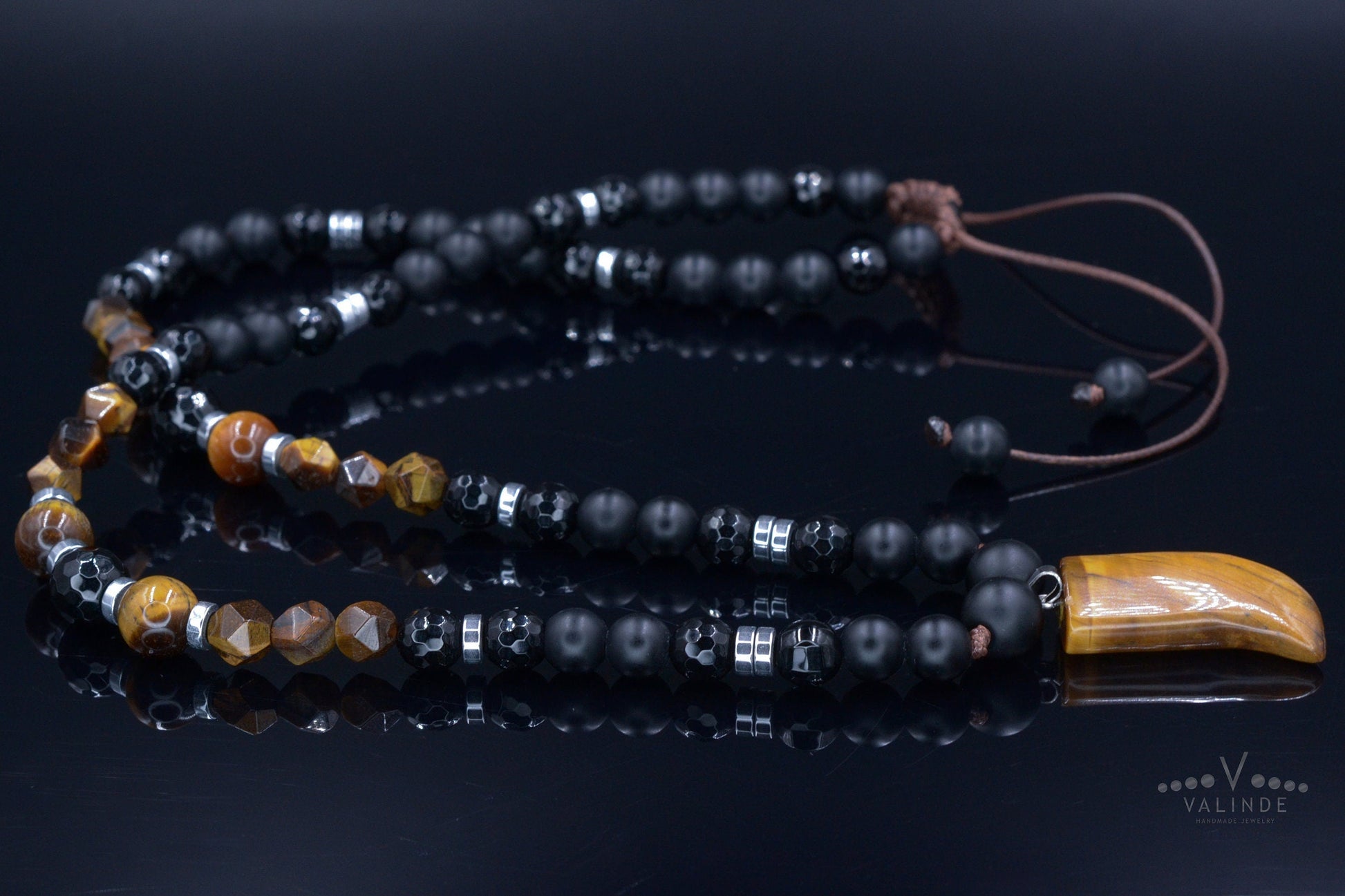Tiger's Eye Pendant Necklace for Men - Long Crystal Necklace - Men's Black Onyx Necklace & Hematite - Gift for Men - Beaded Necklace - Shamballa Necklace - Birthstone Necklace - Gemstone Necklace Men - Chakra Necklace - Macrame Necklace  - Healing Necklace - Valinde
