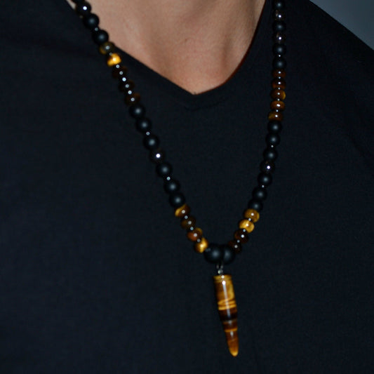 Men's Tiger's Eye Pendant Necklace Black Onyx Necklace Long Beads Necklace Gemstone Necklace Crystal Jewelry Gift for Men Bullet Necklace - Shamballa Necklace - Birthstone Necklace - Gemstone Necklace Men - Chakra Necklace - Macrame Necklace  - Healing Necklace - Valinde