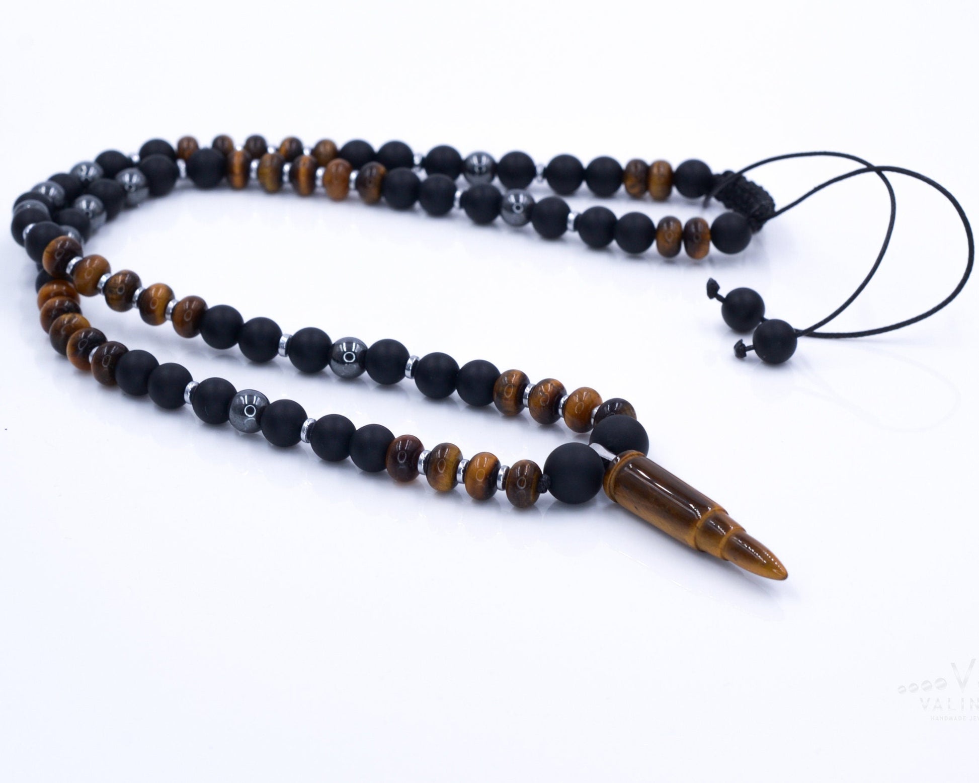 Men's Tiger's Eye Pendant Necklace Black Onyx Necklace Long Beads Necklace Gemstone Necklace Crystal Jewelry Gift for Men Bullet Necklace - Shamballa Necklace - Birthstone Necklace - Gemstone Necklace Men - Chakra Necklace - Macrame Necklace  - Healing Necklace - Valinde
