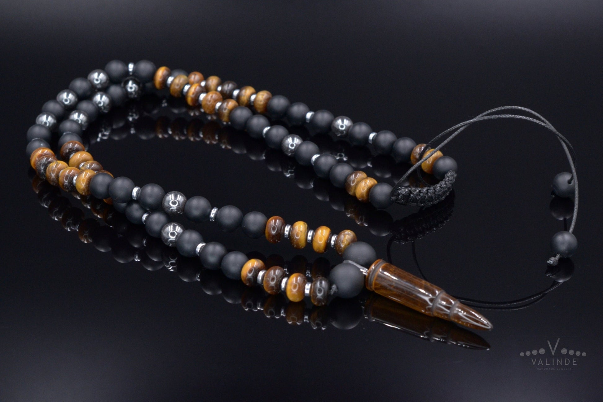 Men's Tiger's Eye Pendant Necklace Black Onyx Necklace Long Beads Necklace Gemstone Necklace Crystal Jewelry Gift for Men Bullet Necklace - Shamballa Necklace - Birthstone Necklace - Gemstone Necklace Men - Chakra Necklace - Macrame Necklace  - Healing Necklace - Valinde
