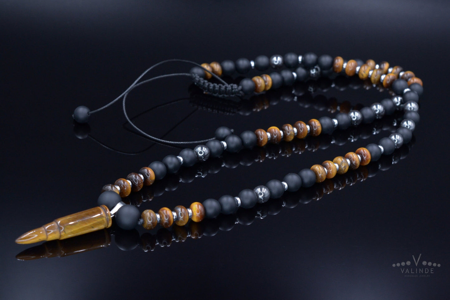 Men's Tiger's Eye Pendant Necklace Black Onyx Necklace Long Beads Necklace Gemstone Necklace Crystal Jewelry Gift for Men Bullet Necklace - Shamballa Necklace - Birthstone Necklace - Gemstone Necklace Men - Chakra Necklace - Macrame Necklace  - Healing Necklace - Valinde
