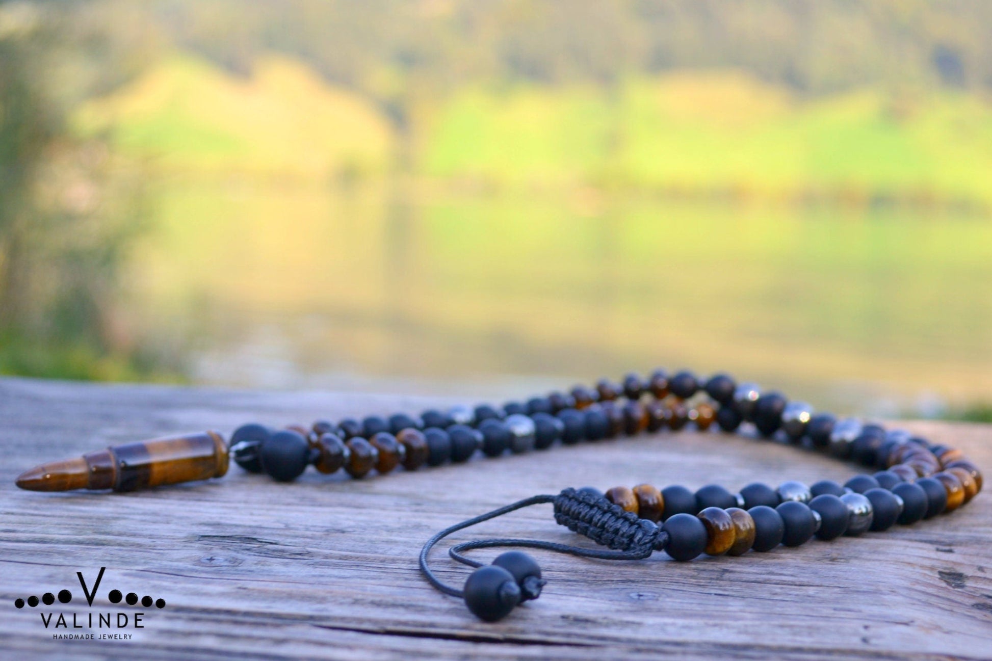 Men's Tiger's Eye Pendant Necklace Black Onyx Necklace Long Beads Necklace Gemstone Necklace Crystal Jewelry Gift for Men Bullet Necklace - Shamballa Necklace - Birthstone Necklace - Gemstone Necklace Men - Chakra Necklace - Macrame Necklace  - Healing Necklace - Valinde
