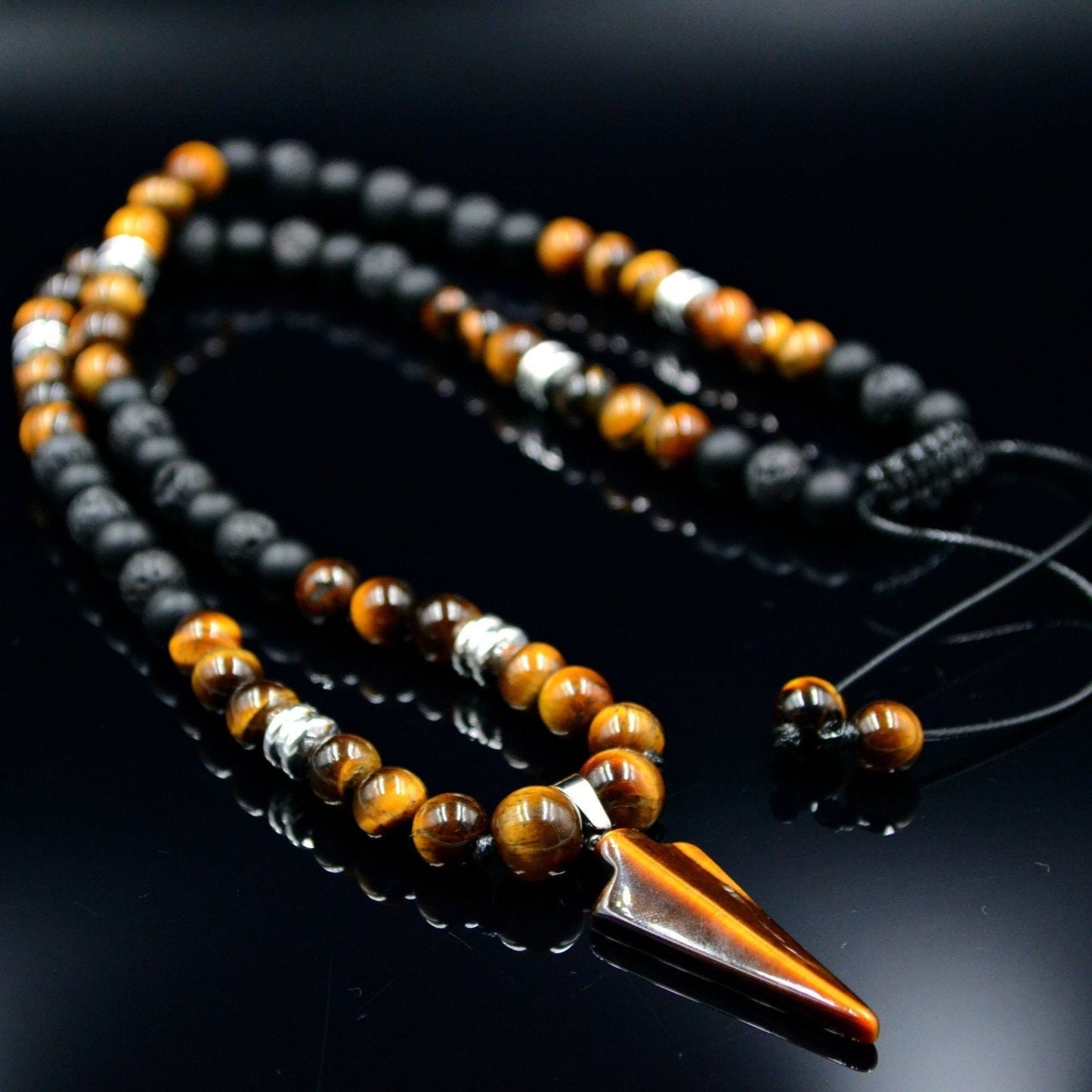 Men's Tiger's Eye Arrow Pendant Necklace Long Beaded Necklace Black Onyx Necklace Lava Stone Necklace Hematite Necklace Gift for Men  - Shamballa Necklace - Birthstone Necklace - Gemstone Necklace Men - Chakra Necklace - Yoga Necklace - Mantra Necklace -Macrame Necklace  - Healing Necklace - Valinde