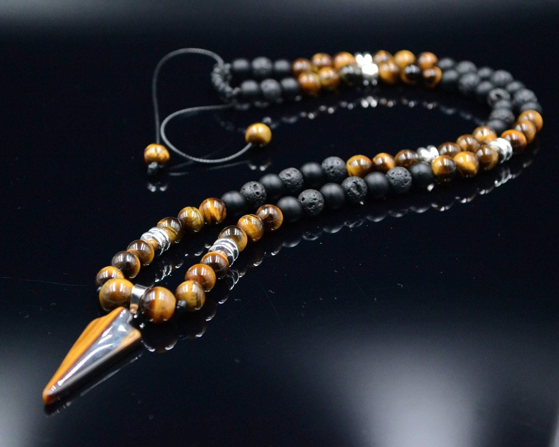 Men's Tiger's Eye Arrow Pendant Necklace Long Beaded Necklace Black Onyx Necklace Lava Stone Necklace Hematite Necklace Gift for Men  - Shamballa Necklace - Birthstone Necklace - Gemstone Necklace Men - Chakra Necklace - Yoga Necklace - Mantra Necklace -Macrame Necklace  - Healing Necklace - Valinde

