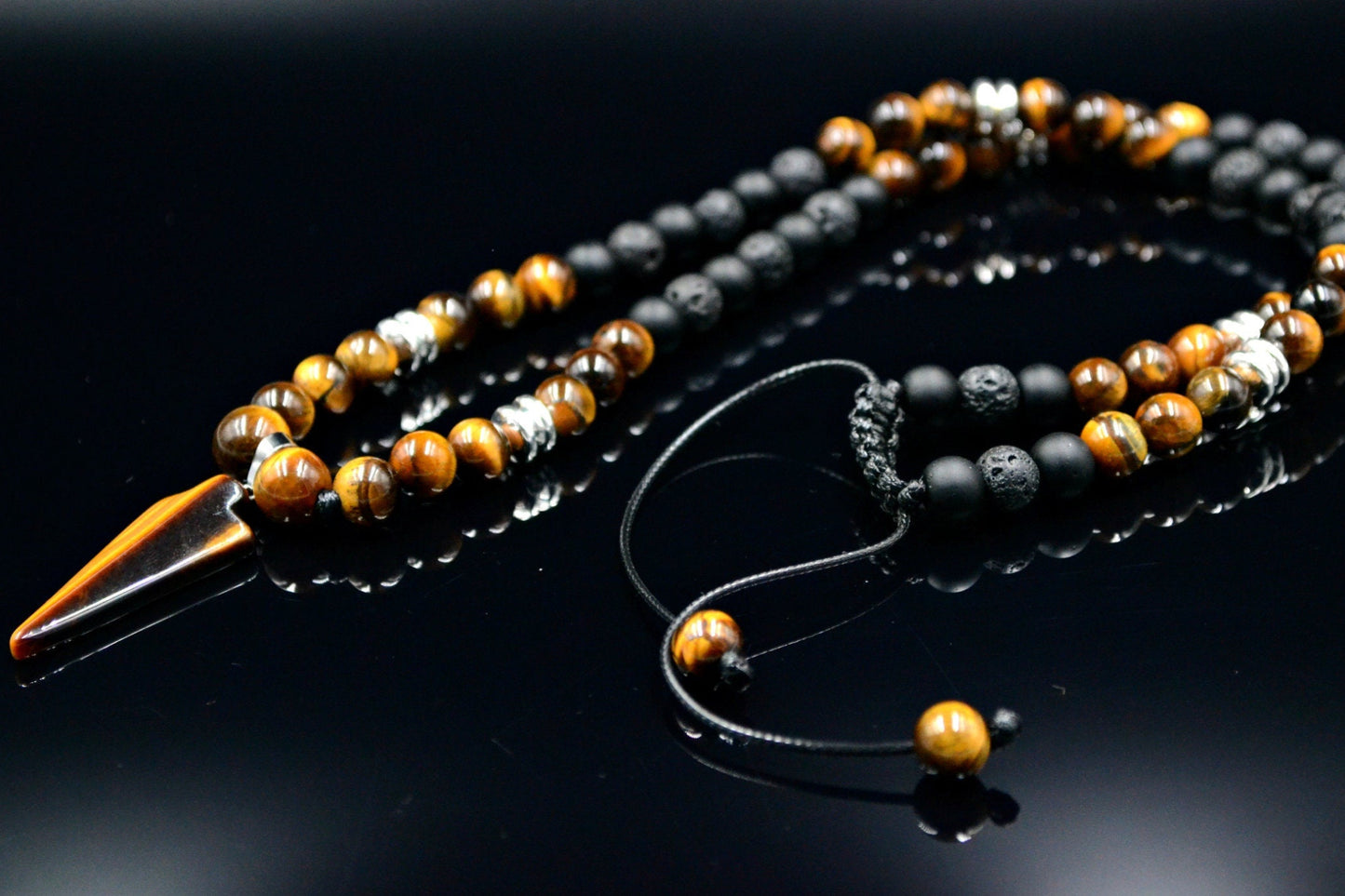 Men's Tiger's Eye Arrow Pendant Necklace Long Beaded Necklace Black Onyx Necklace Lava Stone Necklace Hematite Necklace Gift for Men  - Shamballa Necklace - Birthstone Necklace - Gemstone Necklace Men - Chakra Necklace - Yoga Necklace - Mantra Necklace -Macrame Necklace  - Healing Necklace - Valinde
