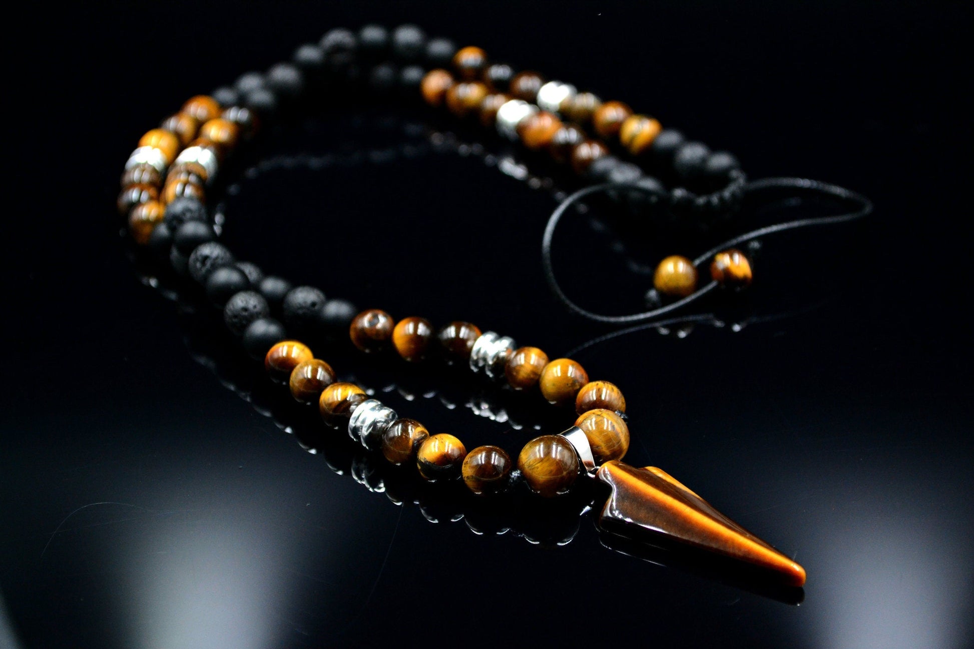 Men's Tiger's Eye Arrow Pendant Necklace Long Beaded Necklace Black Onyx Necklace Lava Stone Necklace Hematite Necklace Gift for Men  - Shamballa Necklace - Birthstone Necklace - Gemstone Necklace Men - Chakra Necklace - Yoga Necklace - Mantra Necklace -Macrame Necklace  - Healing Necklace - Valinde
