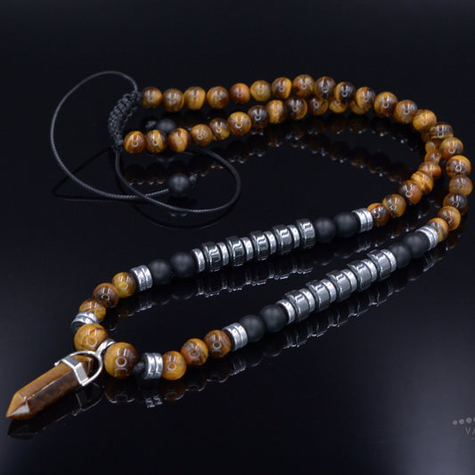 Men's Tiger's Eye & Hematite Beaded Necklace - Long Necklace - Gift for Men- Father's Day Gift - Tiger Eye Pendant Necklace - Onyx Necklace - Shamballa Necklace - Birthstone Necklace - Gemstone Necklace Men - Chakra Necklace - Macrame Necklace  - Healing Necklace - Valinde