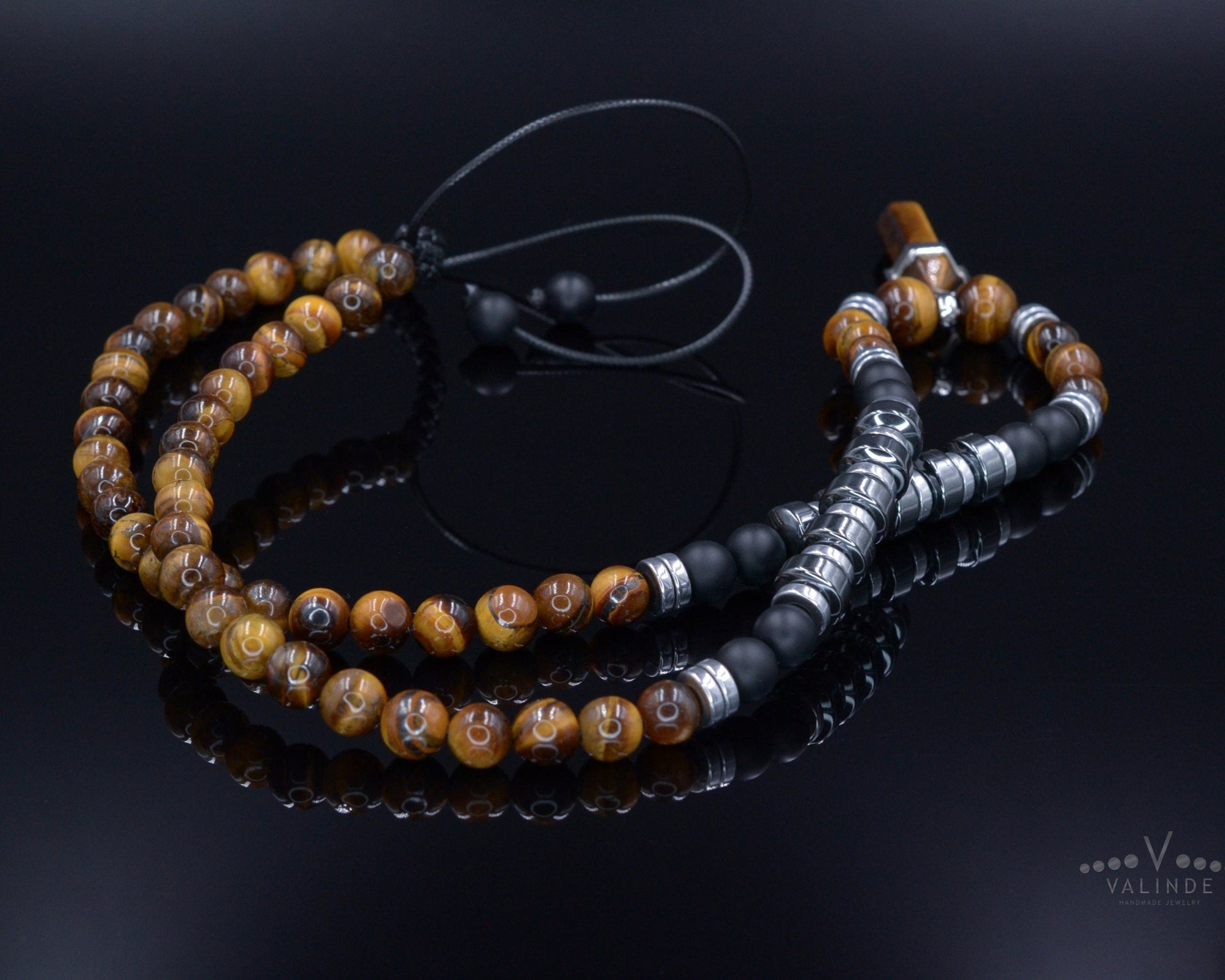 Men's Tiger's Eye & Hematite Beaded Necklace - Long Necklace - Gift for Men- Father's Day Gift - Tiger Eye Pendant Necklace - Onyx Necklace - Shamballa Necklace - Birthstone Necklace - Gemstone Necklace Men - Chakra Necklace - Macrame Necklace  - Healing Necklace - Valinde