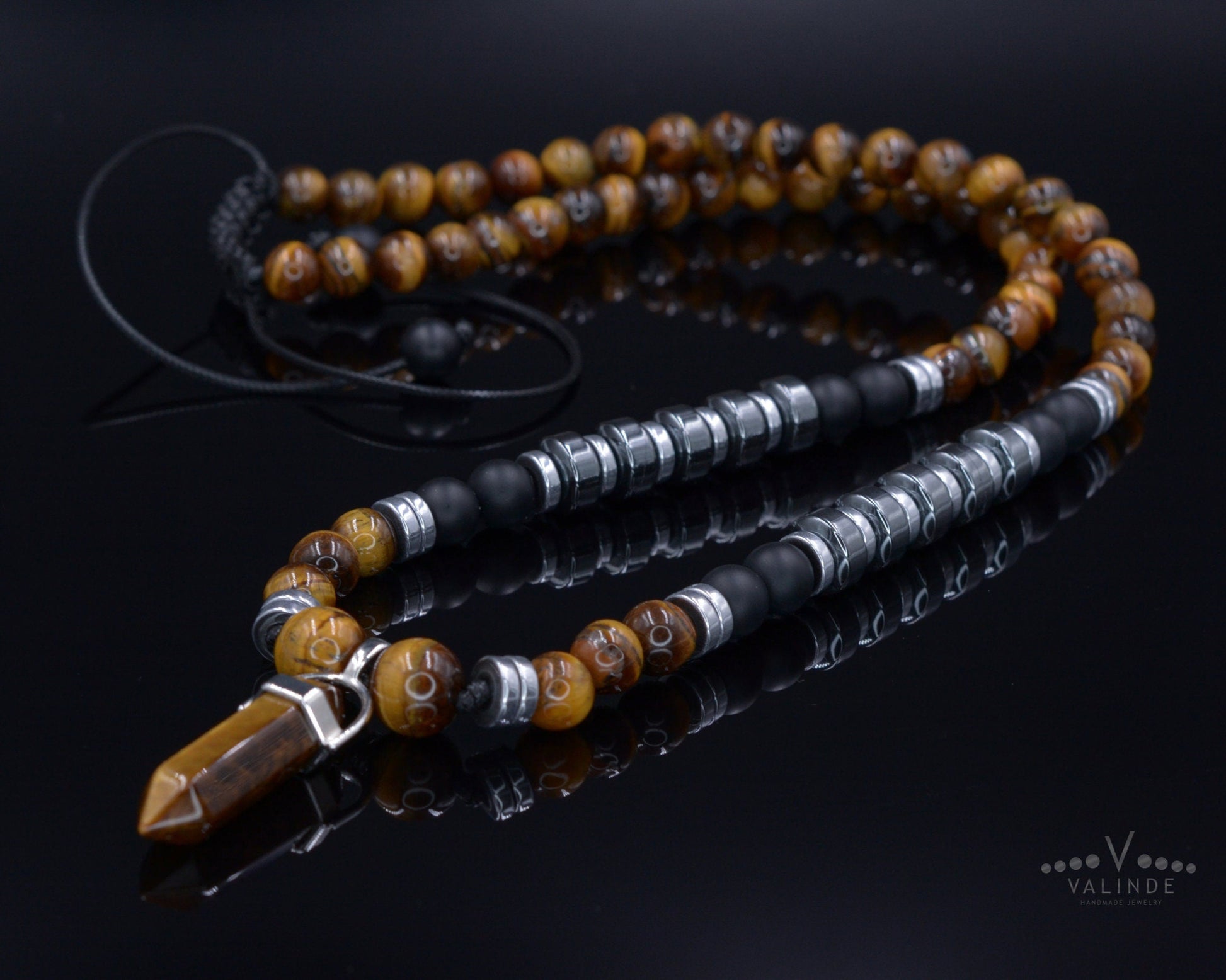 Men's Tiger's Eye & Hematite Beaded Necklace - Long Necklace - Gift for Men- Father's Day Gift - Tiger Eye Pendant Necklace - Onyx Necklace - Shamballa Necklace - Birthstone Necklace - Gemstone Necklace Men - Chakra Necklace - Macrame Necklace  - Healing Necklace - Valinde
