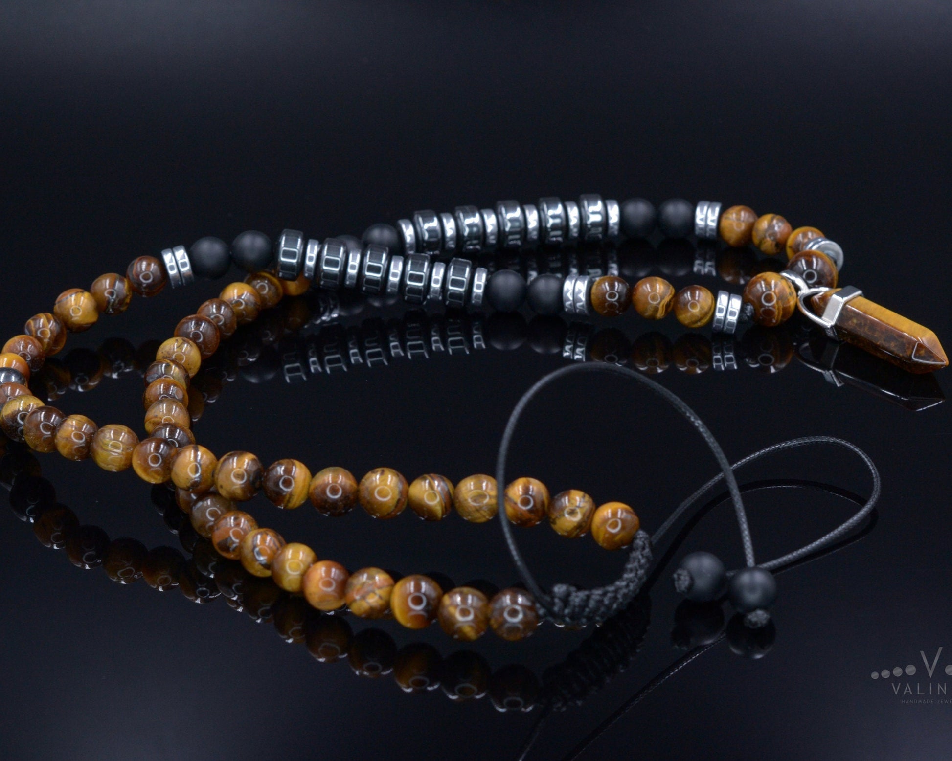 Men's Tiger's Eye & Hematite Beaded Necklace - Long Necklace - Gift for Men- Father's Day Gift - Tiger Eye Pendant Necklace - Onyx Necklace - Shamballa Necklace - Birthstone Necklace - Gemstone Necklace Men - Chakra Necklace - Macrame Necklace  - Healing Necklace - Valinde
