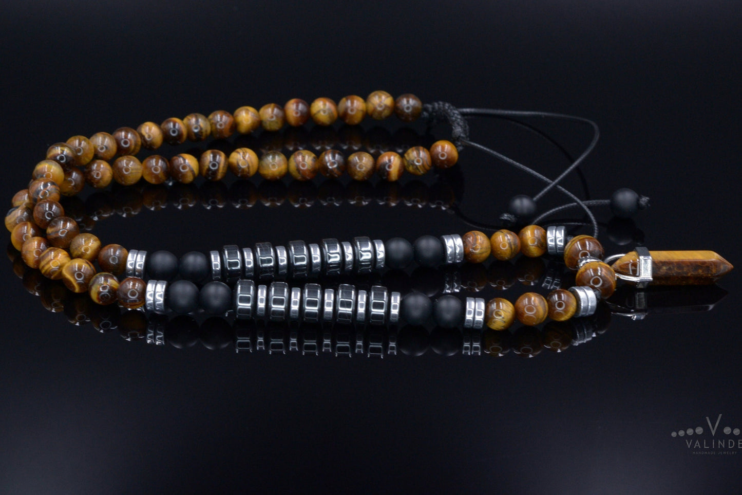 Men's Tiger's Eye & Hematite Beaded Necklace - Long Necklace - Gift for Men- Father's Day Gift - Tiger Eye Pendant Necklace - Onyx Necklace - Shamballa Necklace - Birthstone Necklace - Gemstone Necklace Men - Chakra Necklace - Macrame Necklace  - Healing Necklace - Valinde
