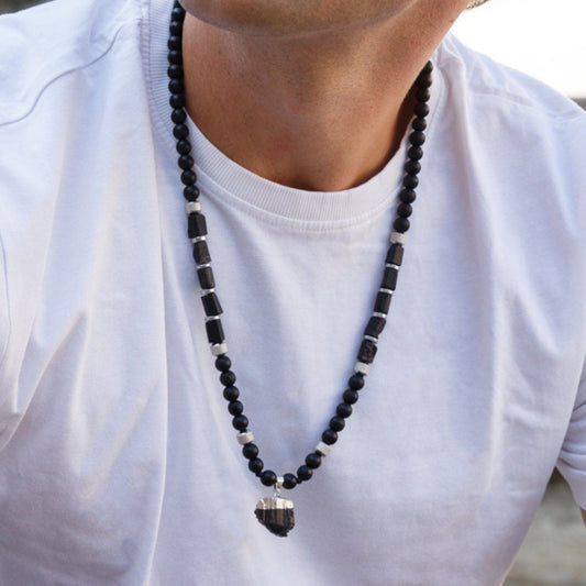 Raw Tourmaline Pendant Necklace for Men - Men's Black Onyx Necklace - Long Crystal Necklae - Steel Beads Adjustable Necklace - Gift for Men - Shamballa Necklace - Birthstone Necklace - Gemstone Necklace Men - Chakra Necklace - Macrame Necklace  - Healing Necklace - Valinde