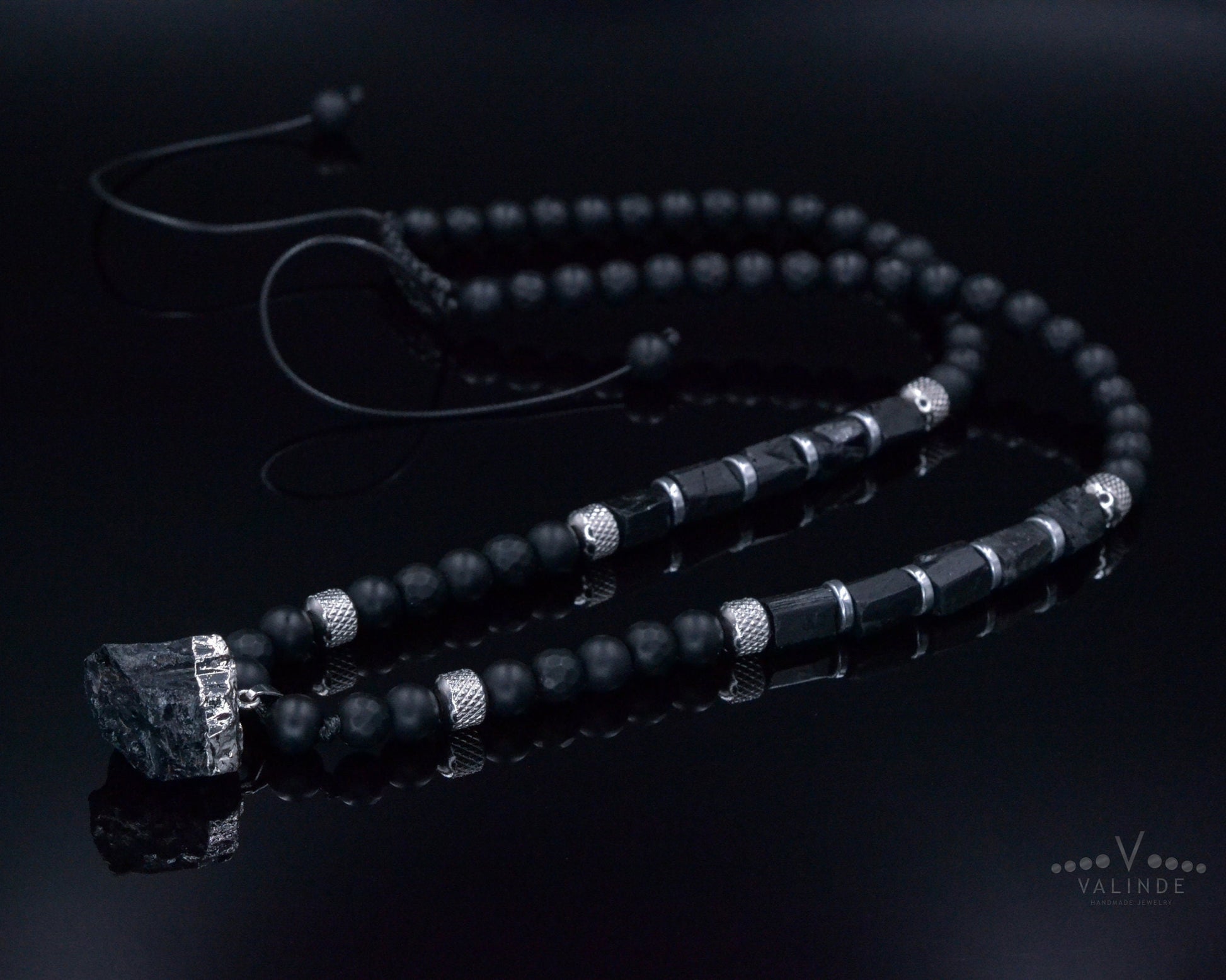 Raw Tourmaline Pendant Necklace for Men - Men's Black Onyx Necklace - Long Crystal Necklae - Steel Beads Adjustable Necklace - Gift for Men - Shamballa Necklace - Birthstone Necklace - Gemstone Necklace Men - Chakra Necklace - Macrame Necklace  - Healing Necklace - Valinde
