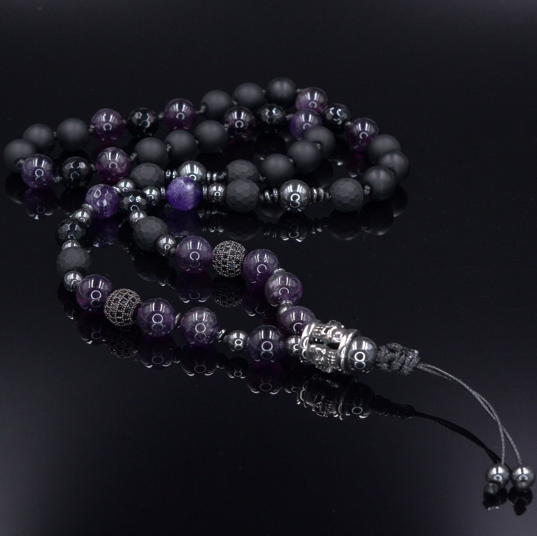 Men's Skull Steel Bead Necklace - Amethyst and Black Onyx Necklace - Gift for Men - Long Crystal Necklace - Hematite Stone Necklace for Men - Shamballa Necklace - Birthstone Necklace - Gemstone Necklace Men - Chakra Necklace - Macrame Necklace  - Healing Necklace - Valinde