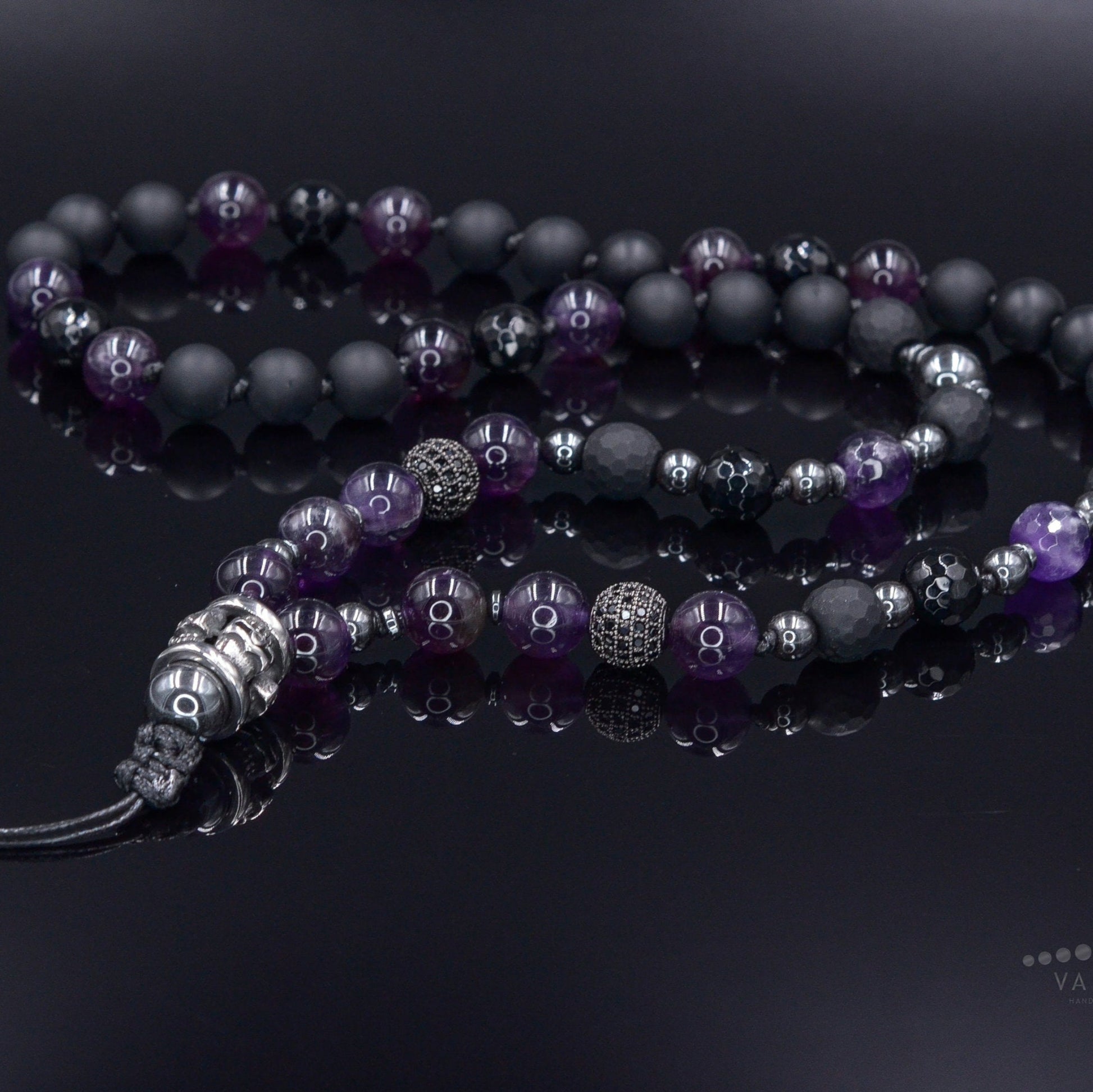 Men's Skull Steel Bead Necklace - Amethyst and Black Onyx Necklace - Gift for Men - Long Crystal Necklace - Hematite Stone Necklace for Men - Shamballa Necklace - Birthstone Necklace - Gemstone Necklace Men - Chakra Necklace - Macrame Necklace  - Healing Necklace - Valinde
