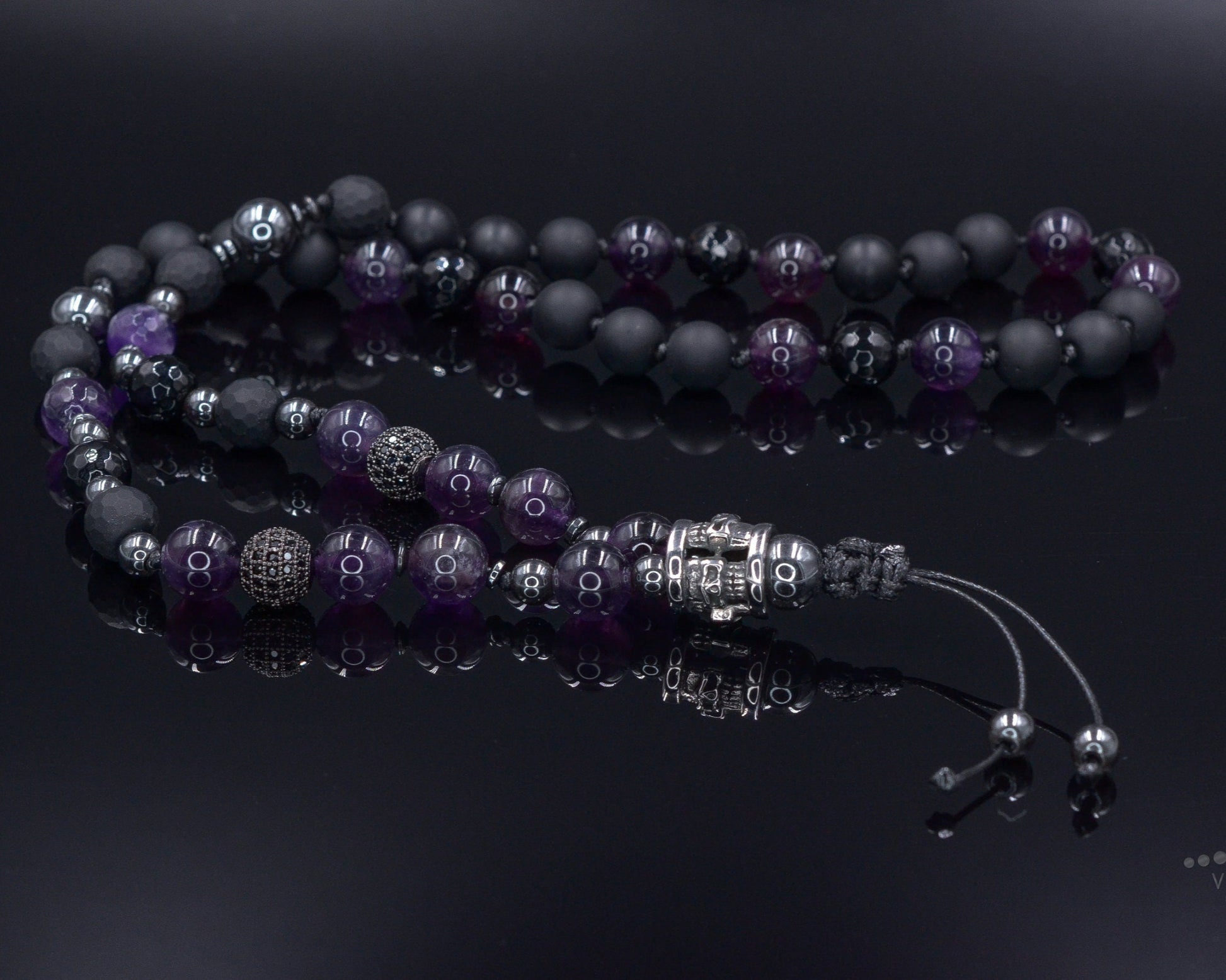 Men's Skull Steel Bead Necklace - Amethyst and Black Onyx Necklace - Gift for Men - Long Crystal Necklace - Hematite Stone Necklace for Men - Shamballa Necklace - Birthstone Necklace - Gemstone Necklace Men - Chakra Necklace - Macrame Necklace  - Healing Necklace - Valinde
