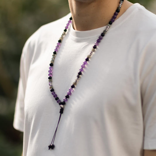 Amethyst Birthstone Necklace Men, Men's Long Beaded Labradorite Agate Steel Necklace, Gift for Him, Crystal Necklace, Anniversary Gift- Shamballa Necklace - Birthstone Necklace - Gemstone Necklace Men - Chakra Necklace - Yoga Necklace - Mantra Necklace -Macrame Necklace  - Healing Necklace - Gift for Father - Gift For Men - Valinde
