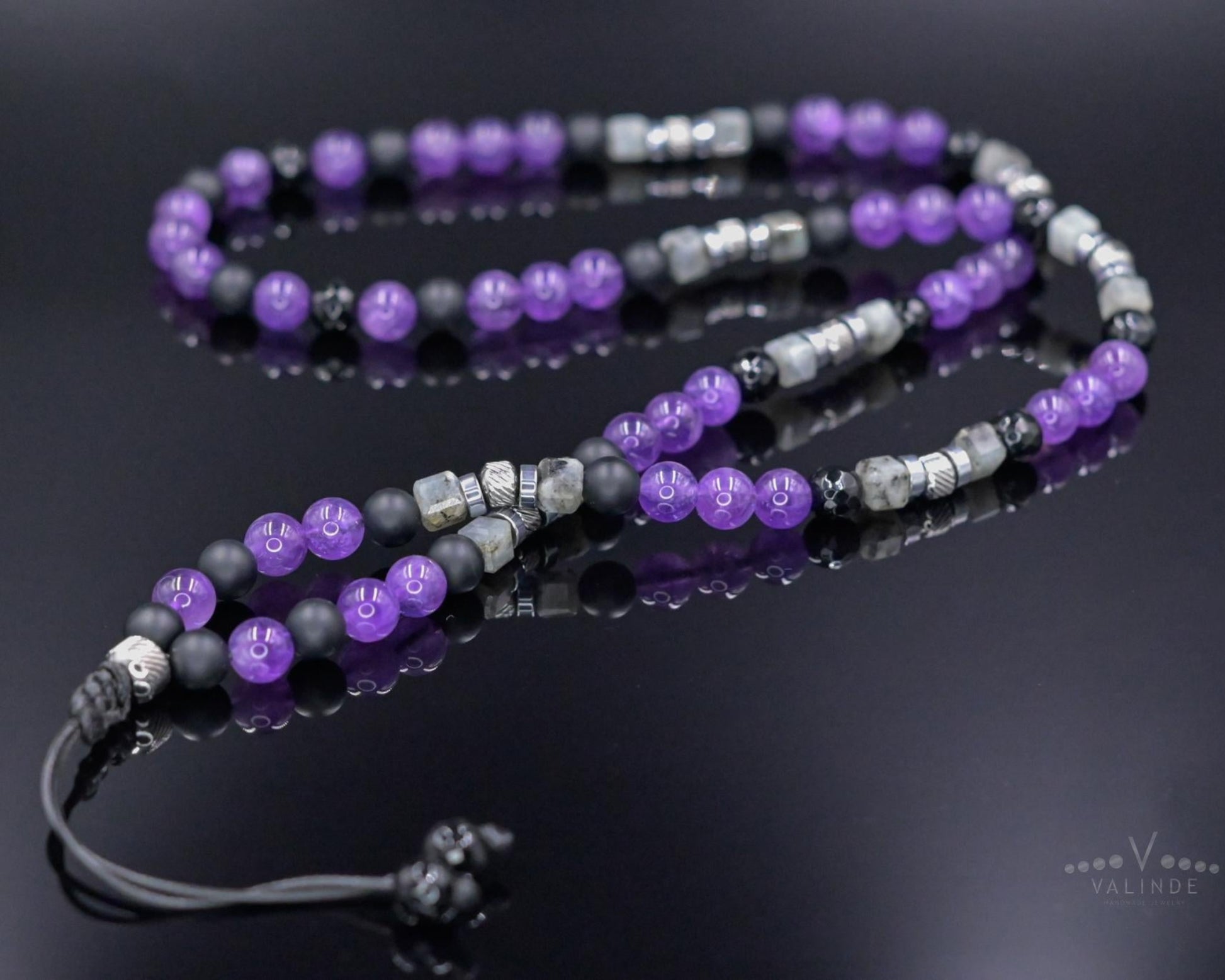 Amethyst Birthstone Necklace Men, Men's Long Beaded Labradorite Agate Steel Necklace, Gift for Him, Crystal Necklace, Anniversary Gift- Shamballa Necklace - Birthstone Necklace - Gemstone Necklace Men - Chakra Necklace - Yoga Necklace - Mantra Necklace -Macrame Necklace  - Healing Necklace - Gift for Father - Gift For Men - Valinde
