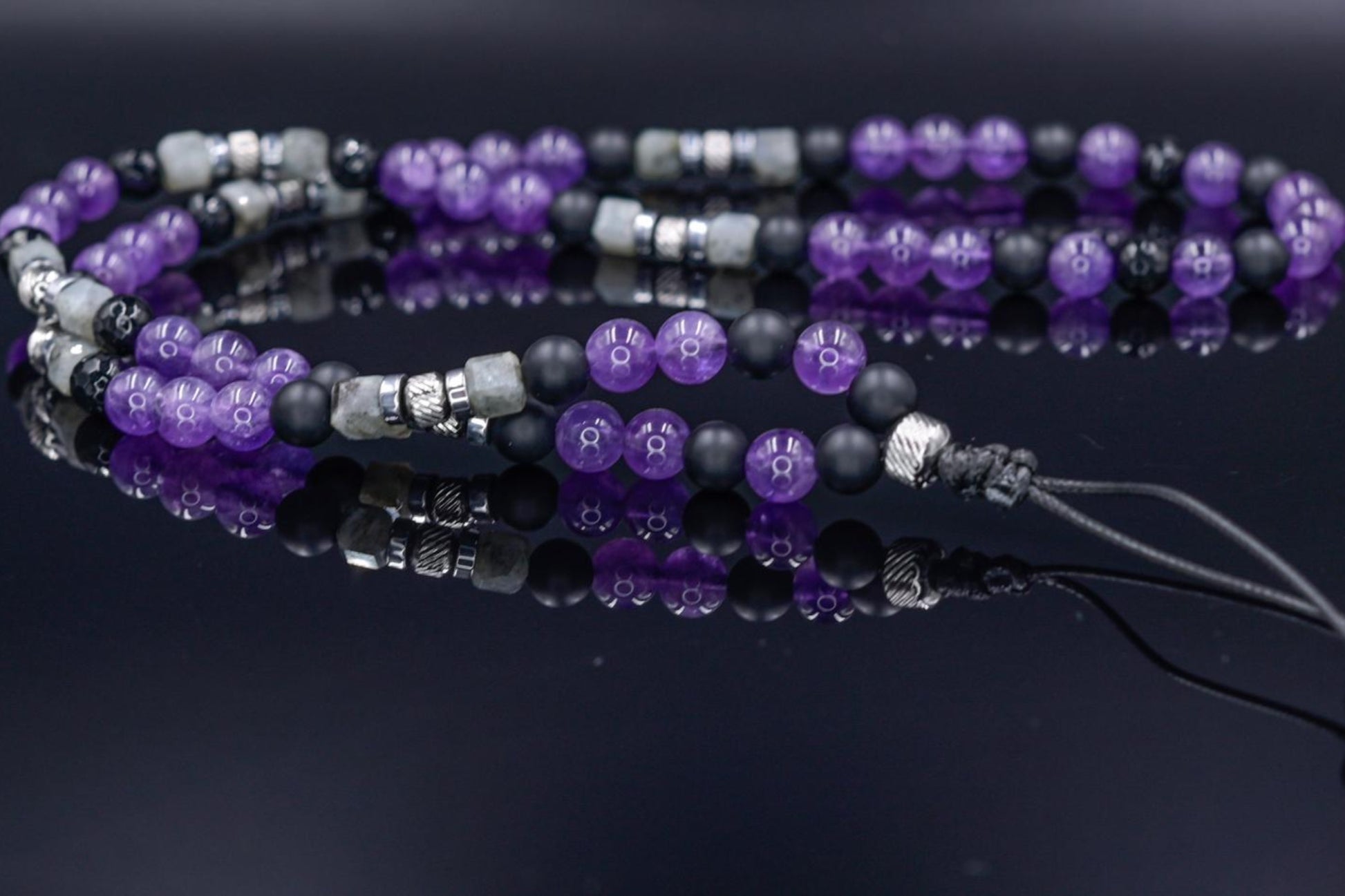 Amethyst Birthstone Necklace Men, Men's Long Beaded Labradorite Agate Steel Necklace, Gift for Him, Crystal Necklace, Anniversary Gift- Shamballa Necklace - Birthstone Necklace - Gemstone Necklace Men - Chakra Necklace - Yoga Necklace - Mantra Necklace -Macrame Necklace  - Healing Necklace - Gift for Father - Gift For Men - Valinde
