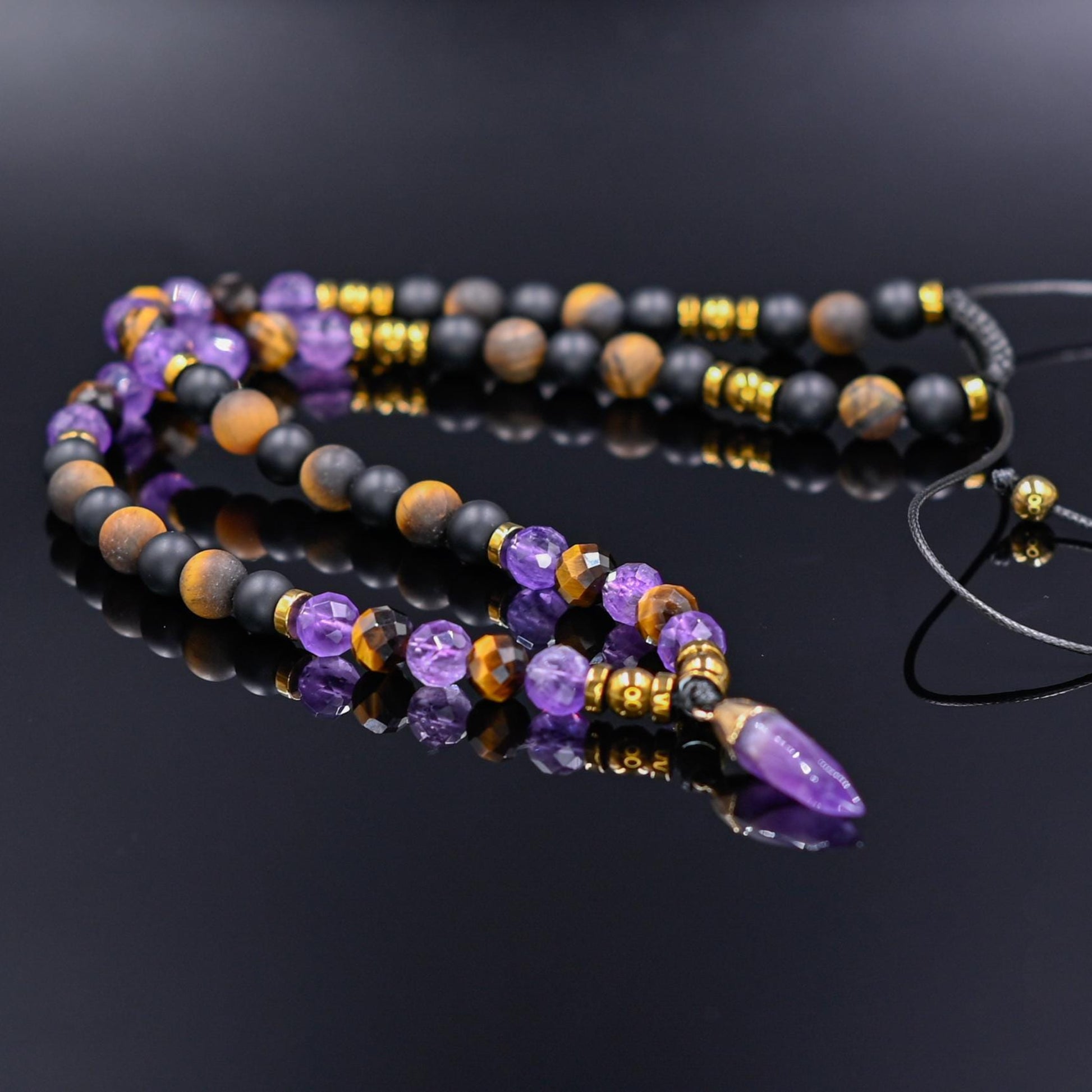 Amethyst Tiger's Eye Onyx Gemstone Necklace, Men's Short Beaded Adjustable Crystal Necklace, Gift for Him - Shamballa Necklace - Birthstone Necklace - Gemstone Necklace Men - Chakra Necklace - Yoga Necklace - Mantra Necklace -Macrame Necklace  - Healing Necklace - Gift for Father - Gift For Men - Valinde

