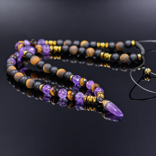 Amethyst Tiger's Eye Onyx Gemstone Necklace, Men's Short Beaded Adjustable Crystal Necklace, Gift for Him - Shamballa Necklace - Birthstone Necklace - Gemstone Necklace Men - Chakra Necklace - Yoga Necklace - Mantra Necklace -Macrame Necklace  - Healing Necklace - Gift for Father - Gift For Men - Valinde
