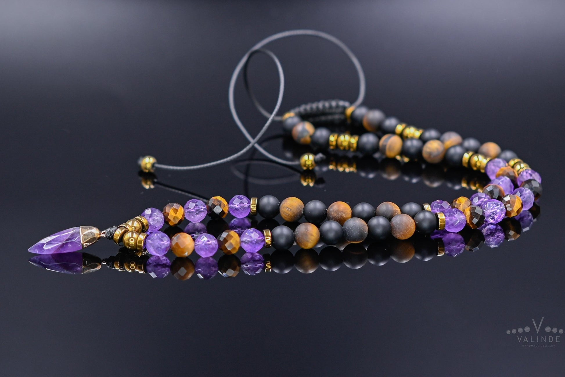 Amethyst Tiger's Eye Onyx Gemstone Necklace, Men's Short Beaded Adjustable Crystal Necklace, Gift for Him - Shamballa Necklace - Birthstone Necklace - Gemstone Necklace Men - Chakra Necklace - Yoga Necklace - Mantra Necklace -Macrame Necklace  - Healing Necklace - Gift for Father - Gift For Men - Valinde

