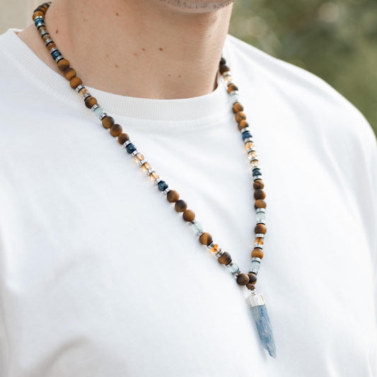 Men's Protection Tiger's Eye Necklace, Aquamarine Citrine Kyanite Gemstone Adjustable Necklace, Long Pendant Necklace, Gift for Men- Shamballa Necklace - Birthstone Necklace - Gemstone Necklace Men - Chakra Necklace - Yoga Necklace - Mantra Necklace -Macrame Necklace  - Healing Necklace - Gift for Father - Gift For Men - Valinde
