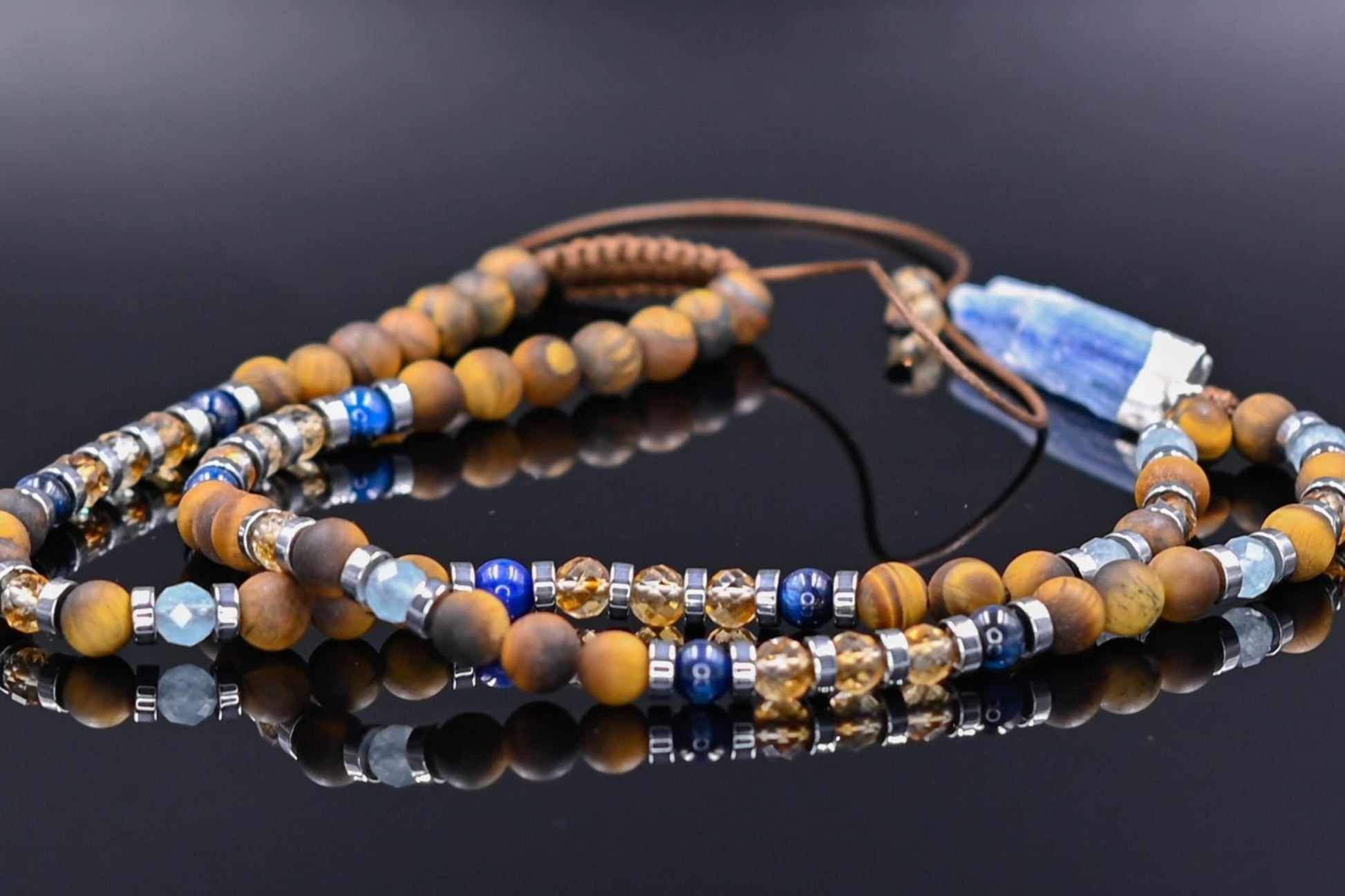 Men's Protection Tiger's Eye Necklace, Aquamarine Citrine Kyanite Gemstone Adjustable Necklace, Long Pendant Necklace, Gift for Men- Shamballa Necklace - Birthstone Necklace - Gemstone Necklace Men - Chakra Necklace - Yoga Necklace - Mantra Necklace -Macrame Necklace  - Healing Necklace - Gift for Father - Gift For Men - Valinde

