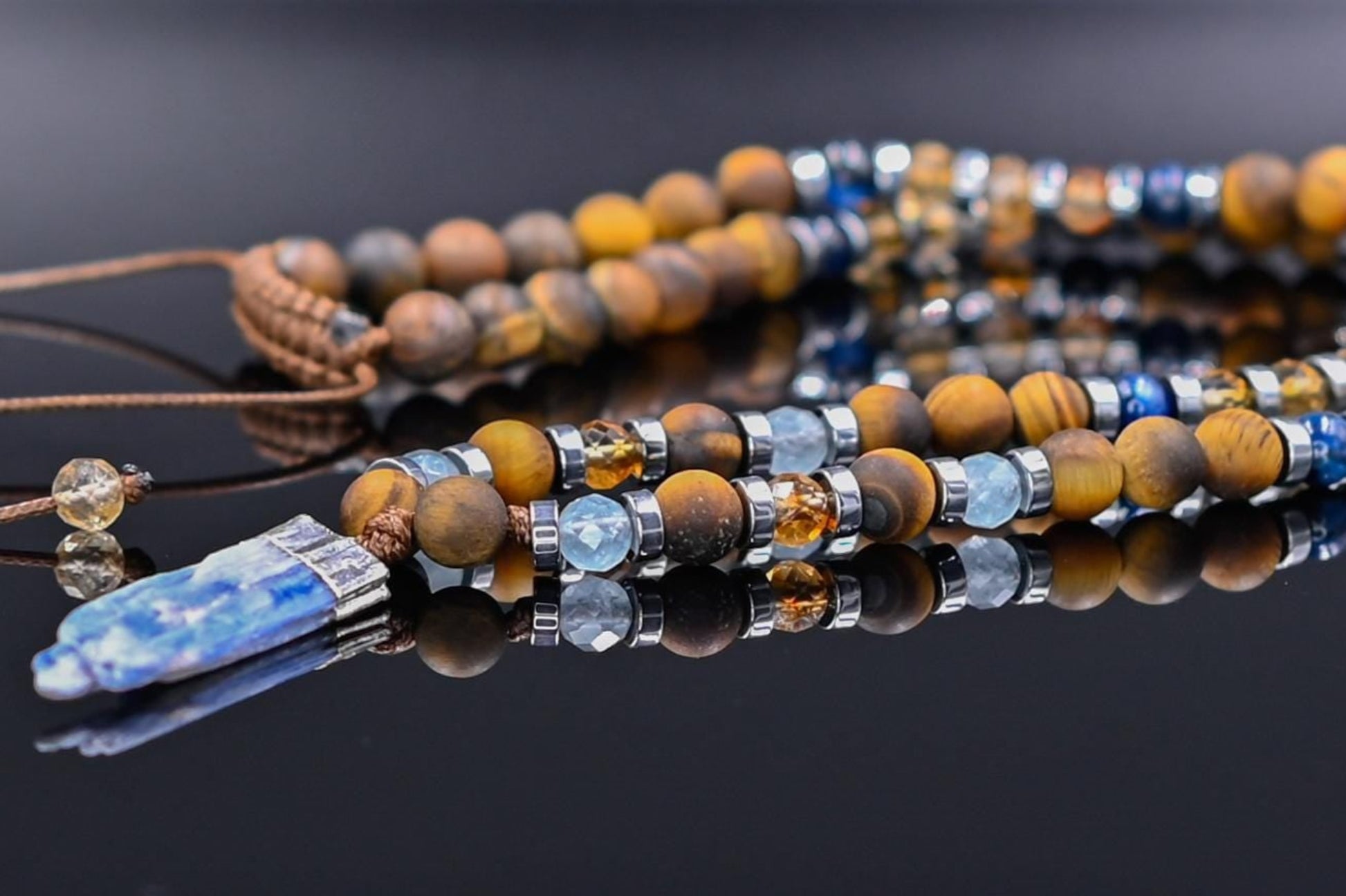 Men's Protection Tiger's Eye Necklace, Aquamarine Citrine Kyanite Gemstone Adjustable Necklace, Long Pendant Necklace, Gift for Men- Shamballa Necklace - Birthstone Necklace - Gemstone Necklace Men - Chakra Necklace - Yoga Necklace - Mantra Necklace -Macrame Necklace  - Healing Necklace - Gift for Father - Gift For Men - Valinde
