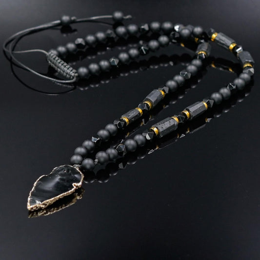 Men's Protection Necklace, Black Tourmaline Pendant Necklace, Onyx Agate Adjustable Necklace, Long Beaded Stone Necklace, Gift for Men - Shamballa Necklace - Birthstone Necklace - Gemstone Necklace Men - Chakra Necklace - Yoga Necklace - Mantra Necklace -Macrame Necklace  - Healing Necklace - Gift for Father - Gift For Men - Valinde
