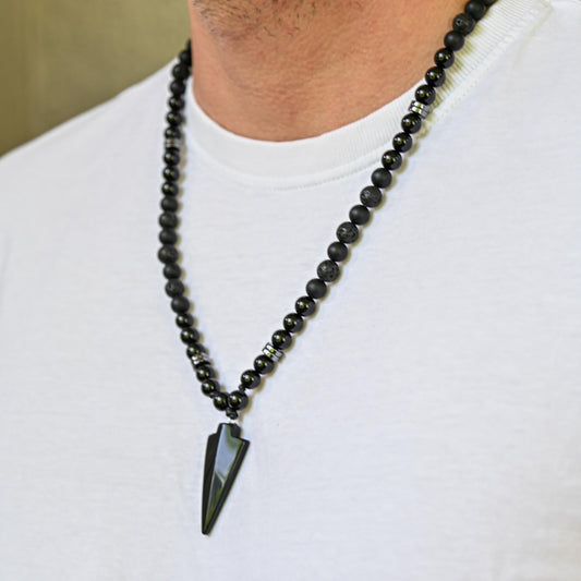 Men's Black Onyx Agate Lava Stone Beaded Necklace, Gemstone Arrow Pendant Necklace, Long Adjustable Necklace, Spiritual Jewelry,Gift for Him