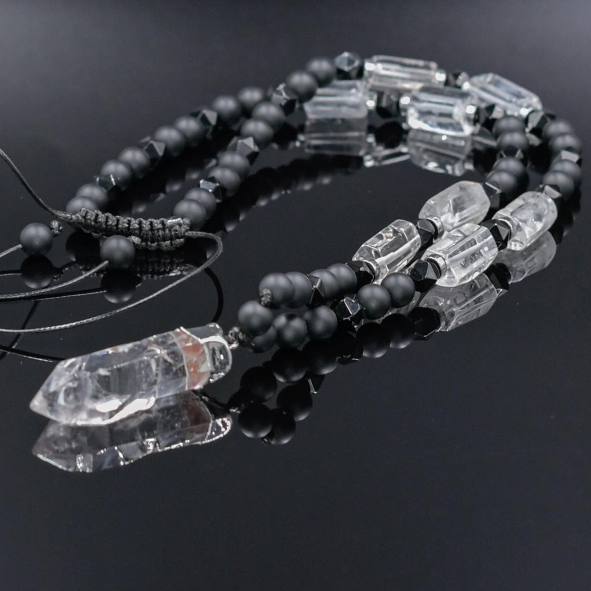 Men's Rock Crystal & Black Onyx Long Beaded Necklace, Crystal Pendant Necklace, Spiritual Protection Gift for Him - Shamballa Necklace - Birthstone Necklace - Gemstone Necklace Men - Chakra Necklace - Yoga Necklace - Mantra Necklace -Macrame Necklace  - Healing Necklace - Gift for Father - Gift For Men - Valinde
