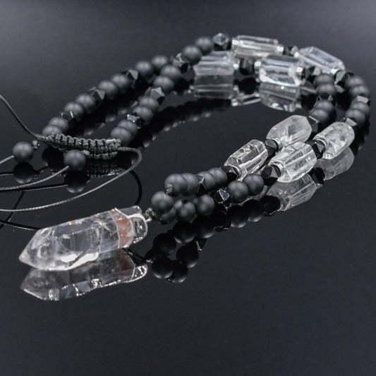 Men's Rock Crystal & Black Onyx Long Beaded Necklace, Crystal Pendant Necklace, Spiritual Protection Gift for Him - Shamballa Necklace - Birthstone Necklace - Gemstone Necklace Men - Chakra Necklace - Yoga Necklace - Mantra Necklace -Macrame Necklace  - Healing Necklace - Gift for Father - Gift For Men - Valinde

