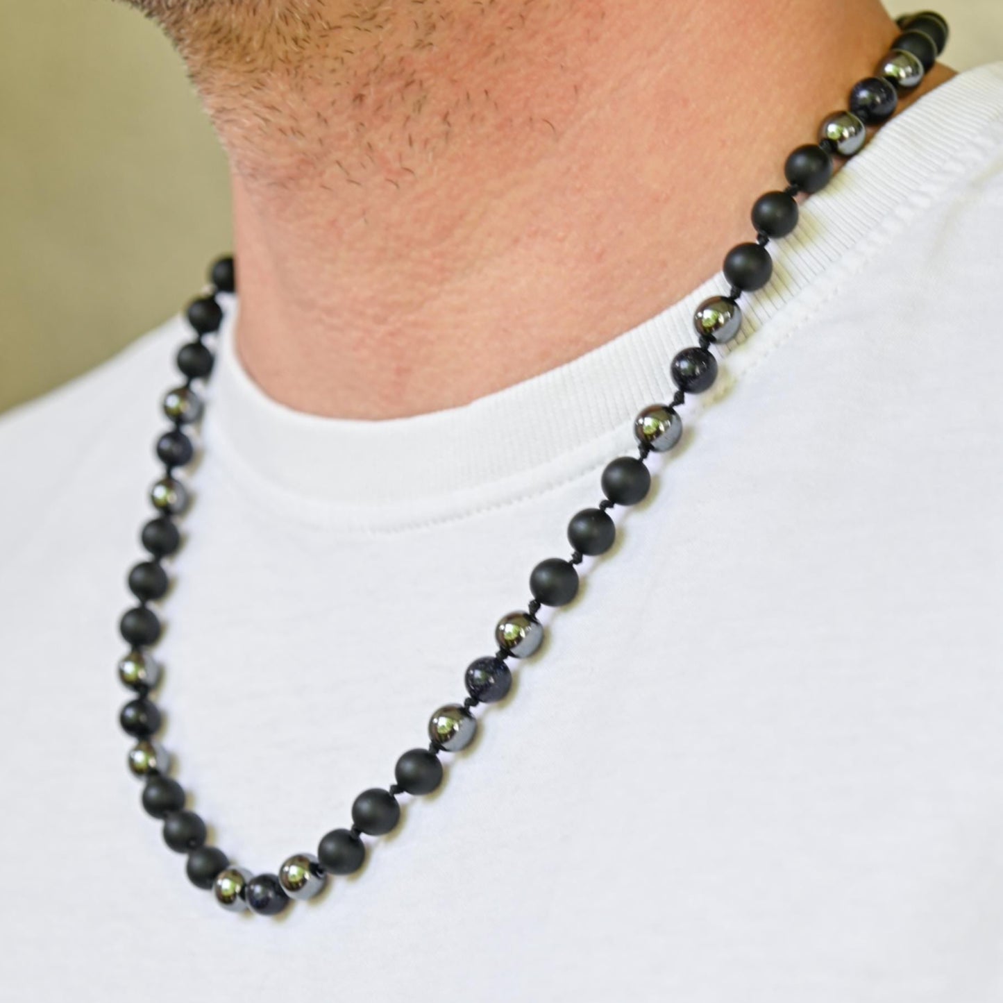 Blue Sandstone Necklace Beaded Necklace Onyx Necklace Gift for Men Gemstone Necklace Short Bead Necklace Hematite Necklace Black Onyx - Shamballa Necklace - Birthstone Necklace - Gemstone Necklace Men - Chakra Necklace - Yoga Necklace - Mantra Necklace -Macrame Necklace  - Healing Necklace - Gift for Father - Gift For Men - Valinde
