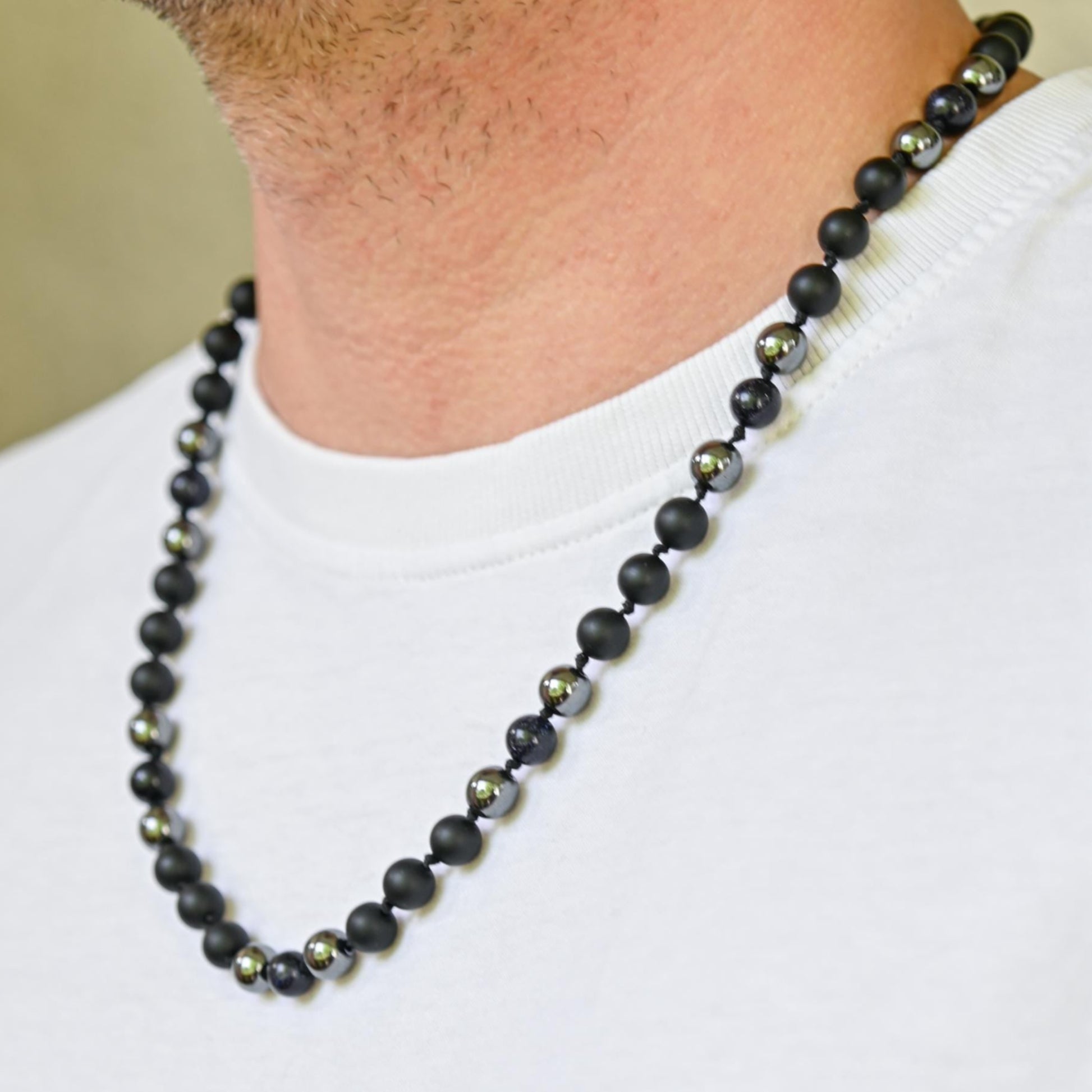 Blue Sandstone Necklace Beaded Necklace Onyx Necklace Gift for Men Gemstone Necklace Short Bead Necklace Hematite Necklace Black Onyx - Shamballa Necklace - Birthstone Necklace - Gemstone Necklace Men - Chakra Necklace - Yoga Necklace - Mantra Necklace -Macrame Necklace  - Healing Necklace - Gift for Father - Gift For Men - Valinde
