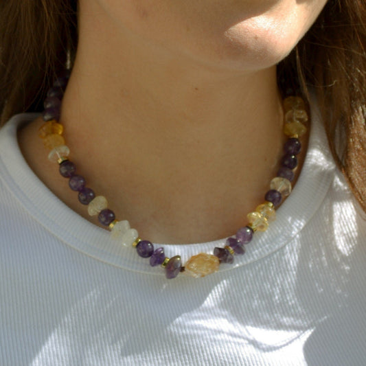 Amethyst & Citrine Necklace for Woman Choker Crystal Necklace Gift for Woman Raw Citrine Bead Necklace Gemstone Short Necklace Gift for Her  - Shamballa Necklace - Birthstone Necklace - Gemstone Necklace Women - Chakra Necklace - Macrame Necklace  - Healing Necklace - Valinde
