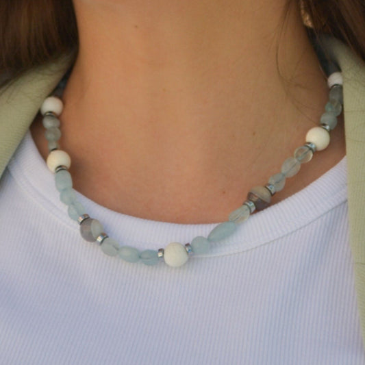 Women's Aquamarine Necklace Short Summer Necklace White Coral Necklace Gift for Woman Crystal Necklace Agate Necklace Beach Necklace  - Shamballa Necklace - Birthstone Necklace - Gemstone Necklace Women - Chakra Necklace - Macrame Necklace  - Healing Necklace - Valinde
