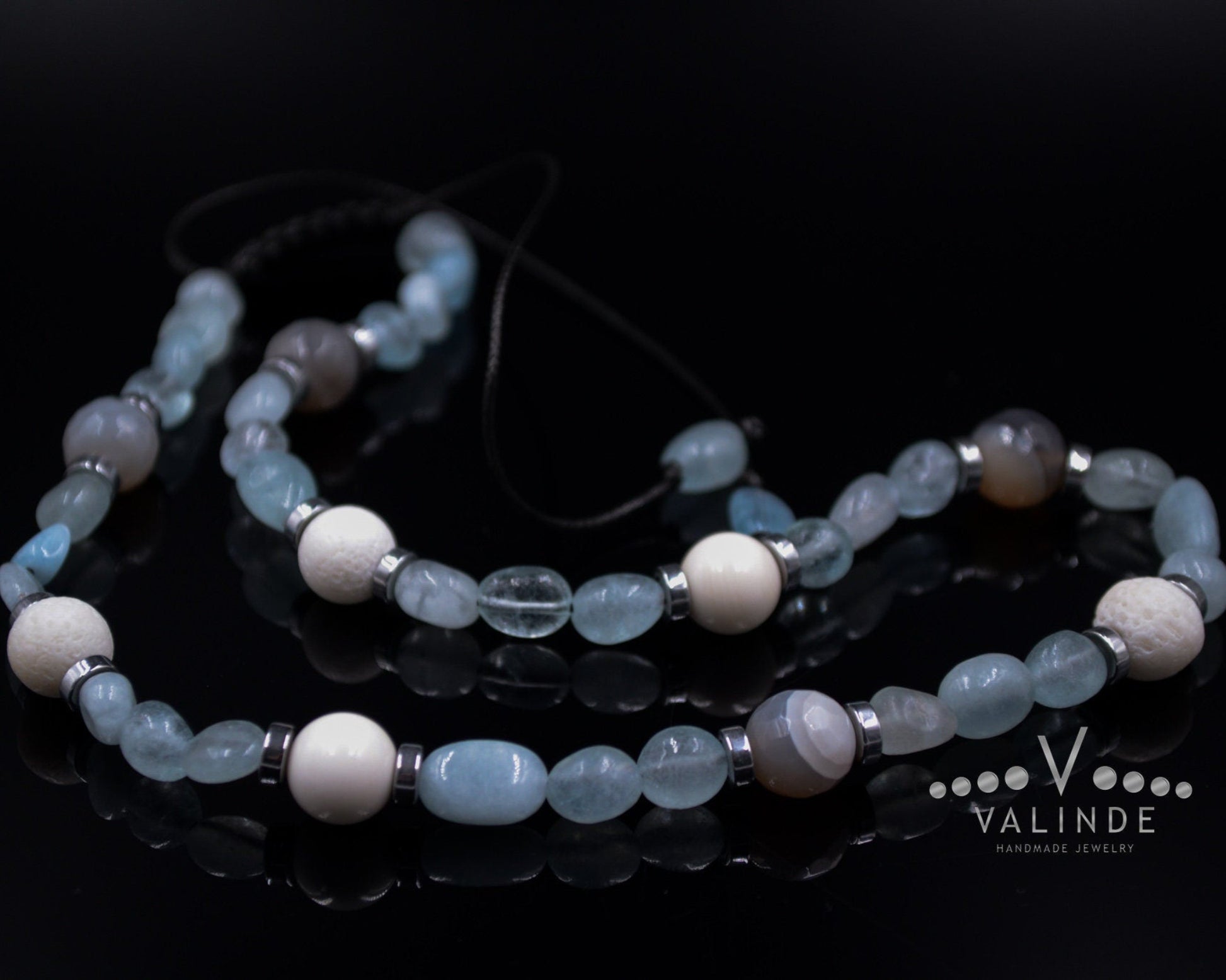 Women's Aquamarine Necklace Short Summer Necklace White Coral Necklace Gift for Woman Crystal Necklace Agate Necklace Beach Necklace  - Shamballa Necklace - Birthstone Necklace - Gemstone Necklace Women - Chakra Necklace - Macrame Necklace  - Healing Necklace - Valinde
