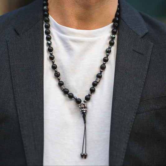 Men's Skull Bead Necklace / Black Onyx Necklace / Long Crystal Necklace / Hematite Necklace / Gift for Man / Steel Bead Necklace for Men - Shamballa Necklace - Birthstone Necklace - Gemstone Necklace Men - Chakra Necklace - Yoga Necklace - Mantra Necklace -Macrame Necklace  - Healing Necklace - Valinde