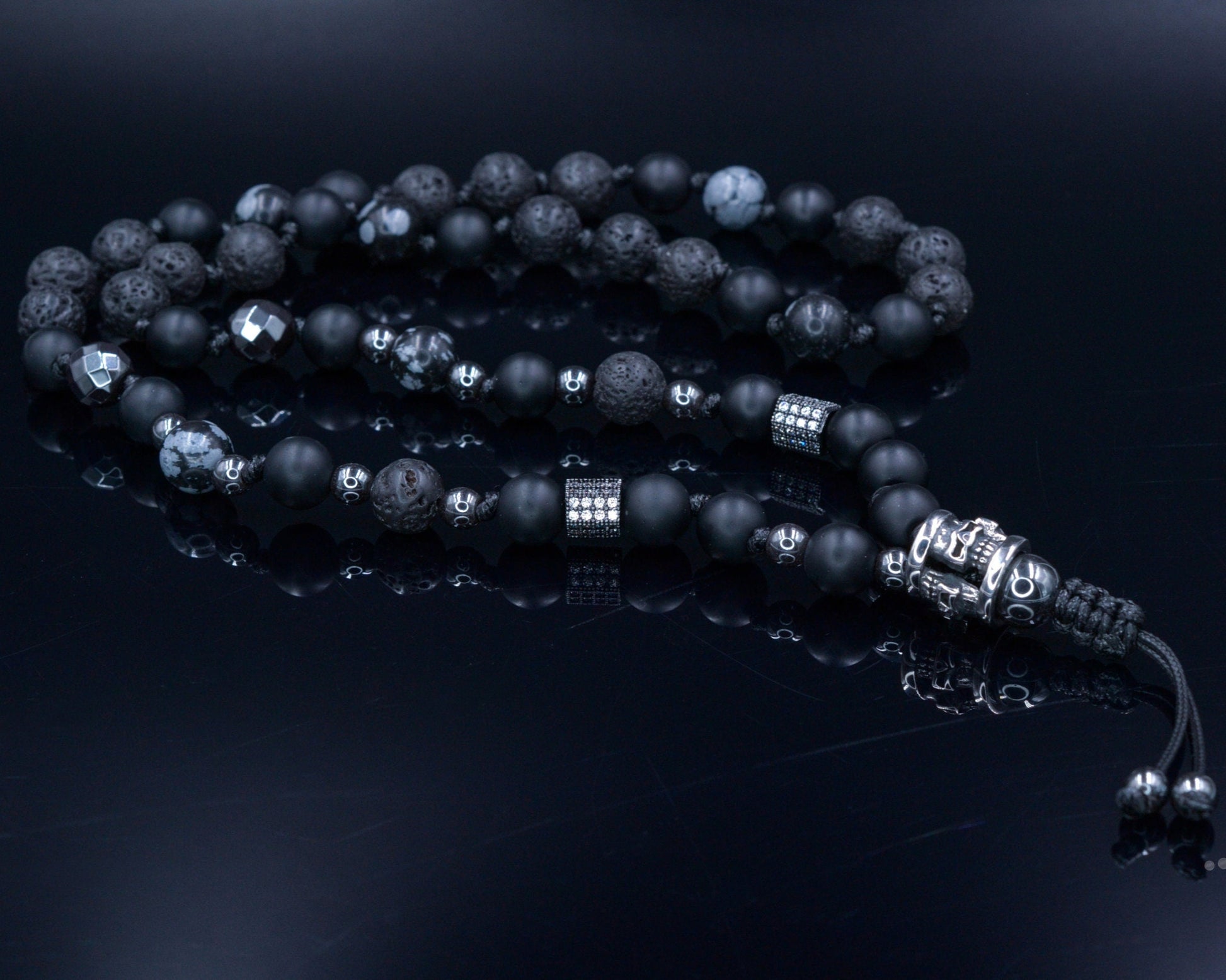 Men's Skull Bead Necklace / Black Onyx Necklace / Long Crystal Necklace / Hematite Necklace / Gift for Man / Steel Bead Necklace for Men - Shamballa Necklace - Birthstone Necklace - Gemstone Necklace Men - Chakra Necklace - Yoga Necklace - Mantra Necklace -Macrame Necklace  - Healing Necklace - Valinde
