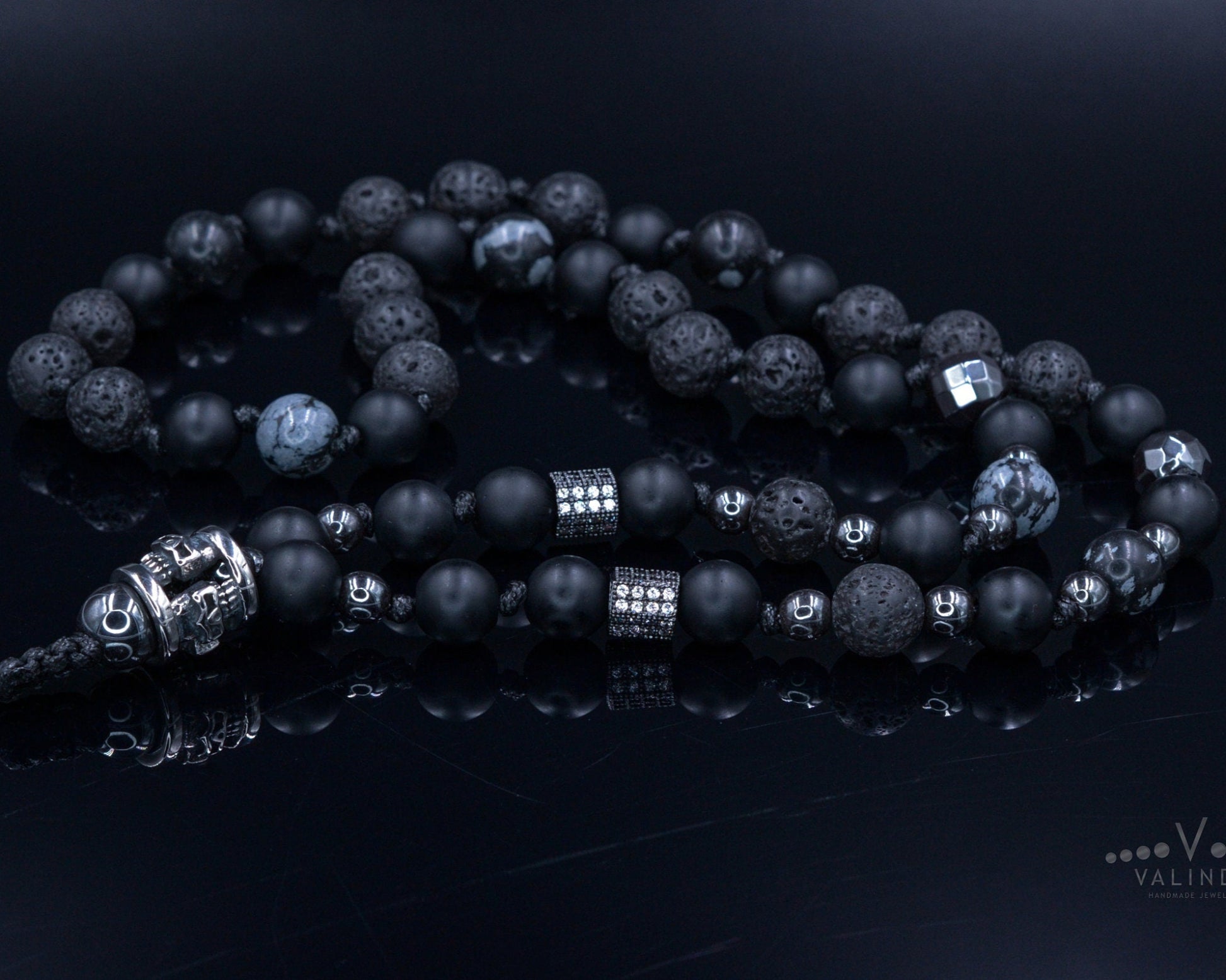 Men's Skull Bead Necklace / Black Onyx Necklace / Long Crystal Necklace / Hematite Necklace / Gift for Man / Steel Bead Necklace for Men - Shamballa Necklace - Birthstone Necklace - Gemstone Necklace Men - Chakra Necklace - Yoga Necklace - Mantra Necklace -Macrame Necklace  - Healing Necklace - Valinde
