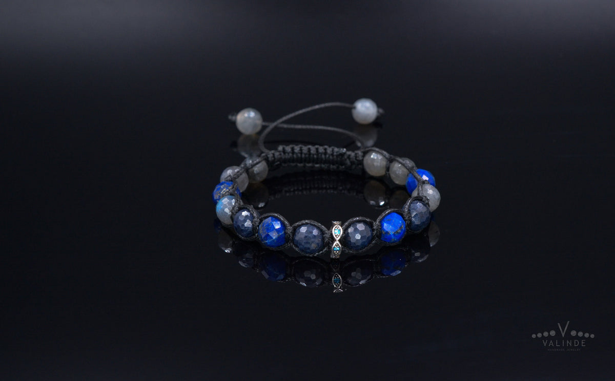 Sapphire and Lapis Lazuli Bracelet Men - Flash Labradorite Crystal Bracelet - 925 Silver Bead Bracelet - Gift for Men- Adjustable Bracelet