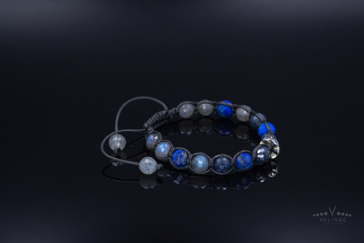 Sapphire and Lapis Lazuli Bracelet Men - Flash Labradorite Crystal Bracelet - 925 Silver Bead Bracelet - Gift for Men- Adjustable Bracelet