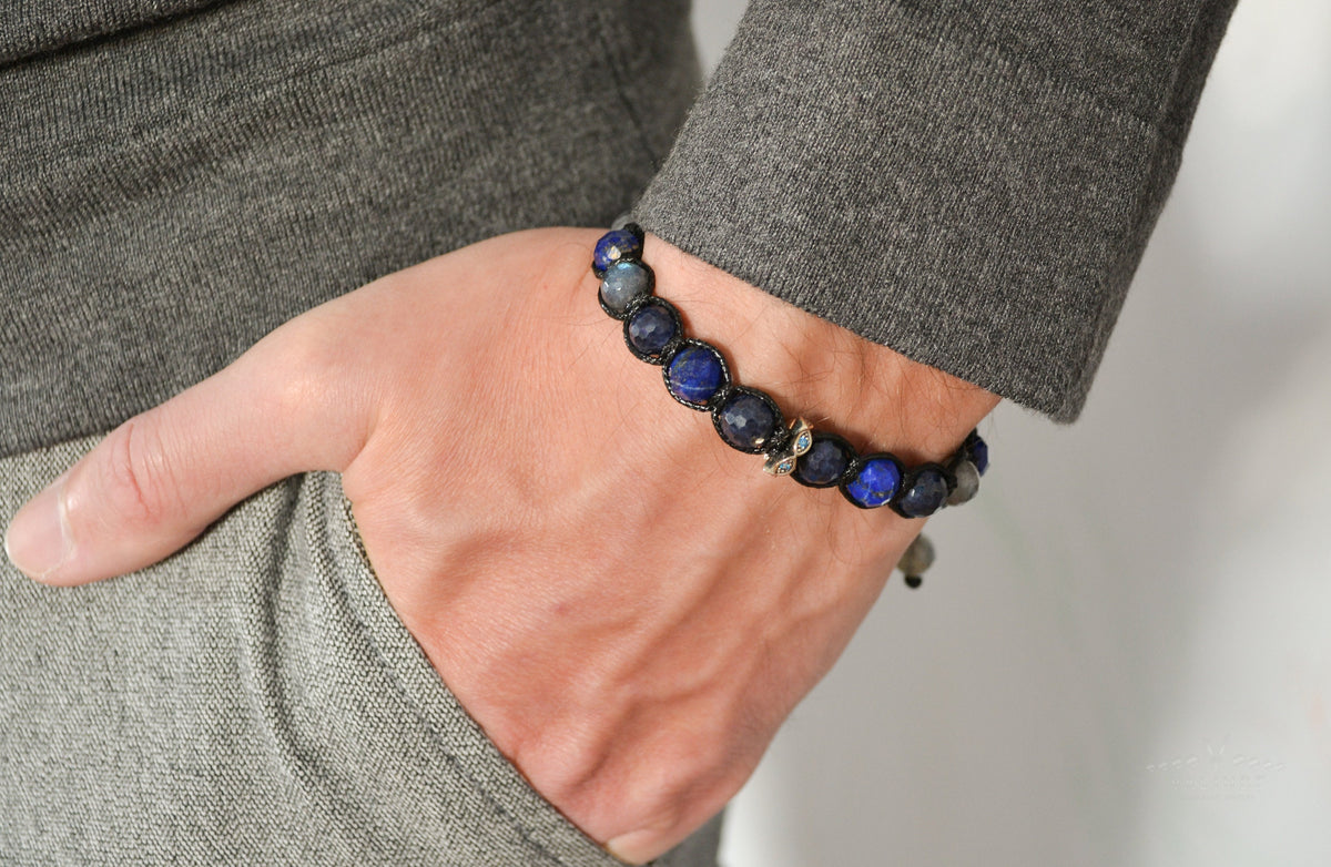 Sapphire and Lapis Lazuli Bracelet Men - Flash Labradorite Crystal Bracelet - 925 Silver Bead Bracelet - Gift for Men- Adjustable Bracelet