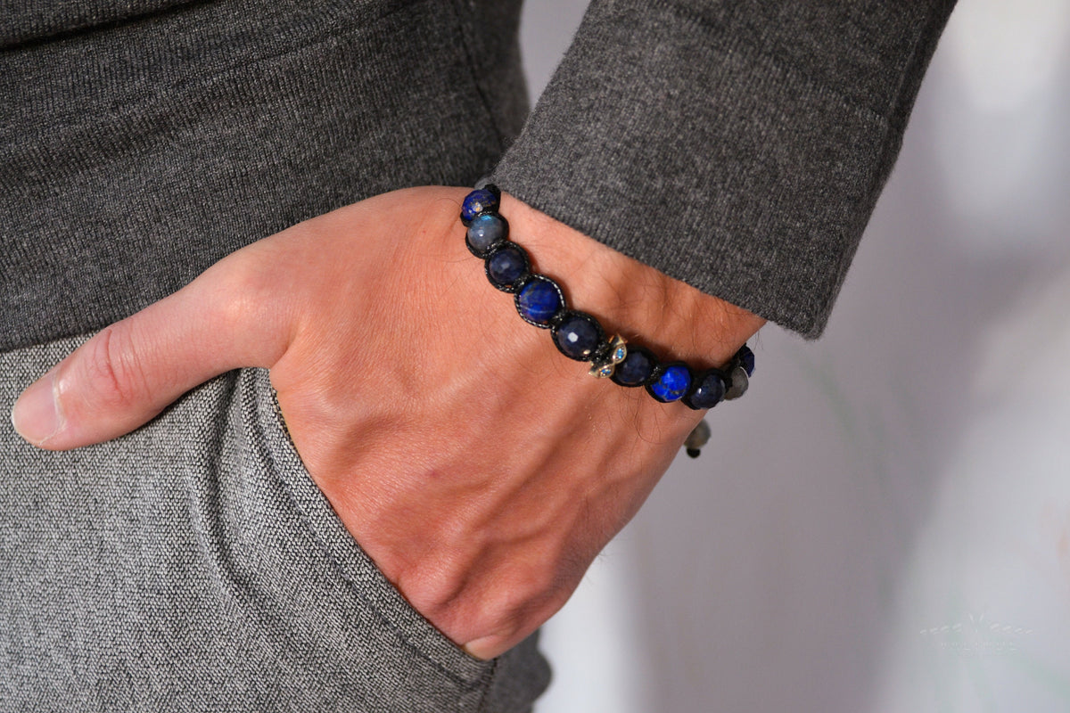 Sapphire and Lapis Lazuli Bracelet Men - Flash Labradorite Crystal Bracelet - 925 Silver Bead Bracelet - Gift for Men- Adjustable Bracelet