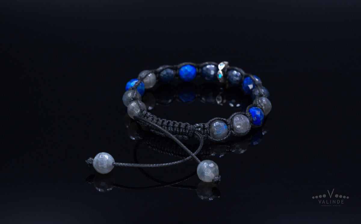 Sapphire and Lapis Lazuli Bracelet Men - Flash Labradorite Crystal Bracelet - 925 Silver Bead Bracelet - Gift for Men- Adjustable Bracelet