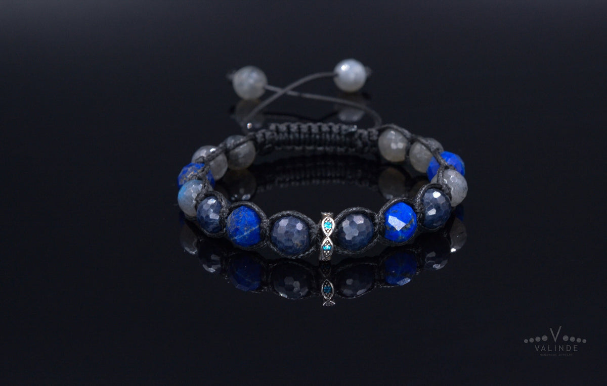 Sapphire and Lapis Lazuli Bracelet Men - Flash Labradorite Crystal Bracelet - 925 Silver Bead Bracelet - Gift for Men- Adjustable Bracelet