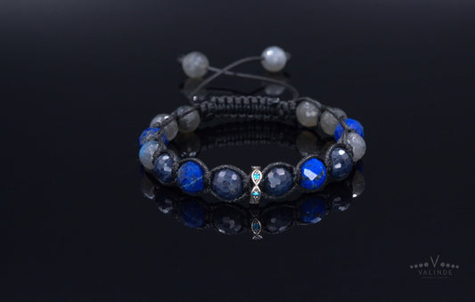 Sapphire and Lapis Lazuli Bracelet Men - Flash Labradorite Crystal Bracelet - 925 Silver Bead Bracelet - Gift for Men- Adjustable Bracelet