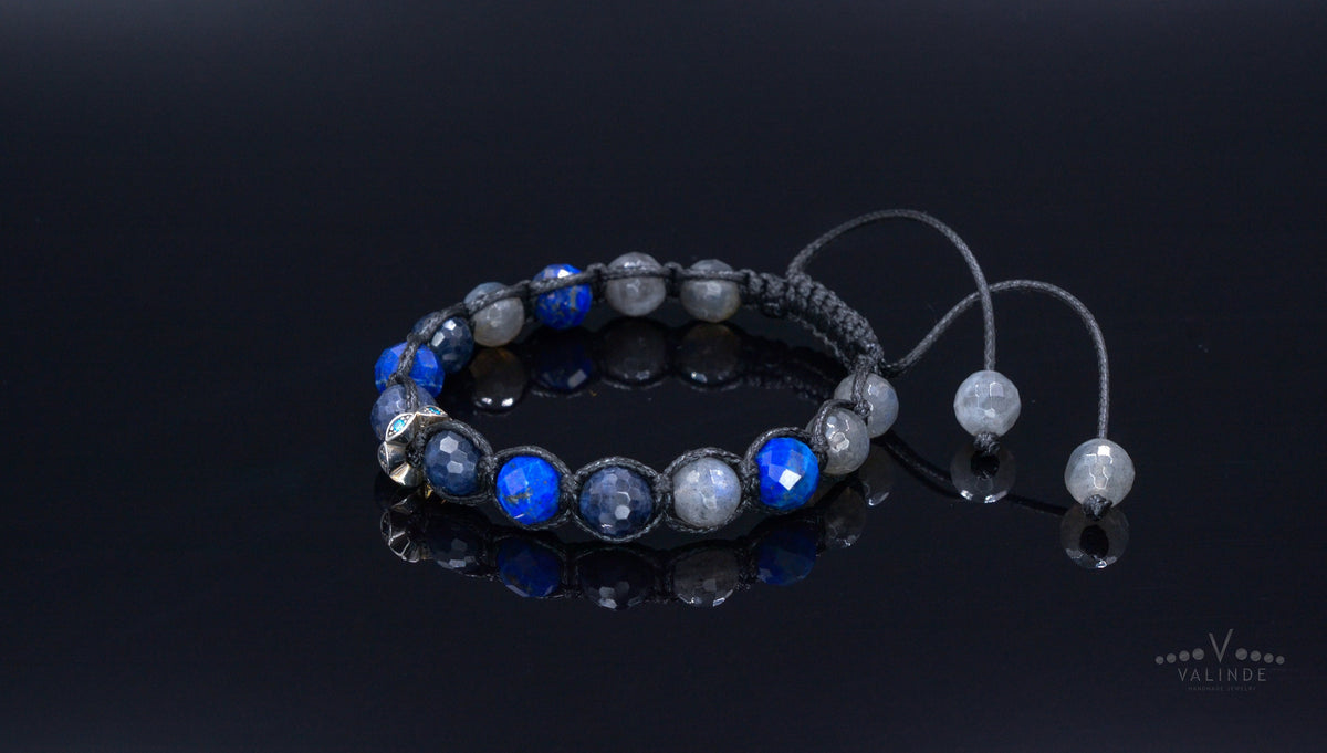 Sapphire and Lapis Lazuli Bracelet Men - Flash Labradorite Crystal Bracelet - 925 Silver Bead Bracelet - Gift for Men- Adjustable Bracelet